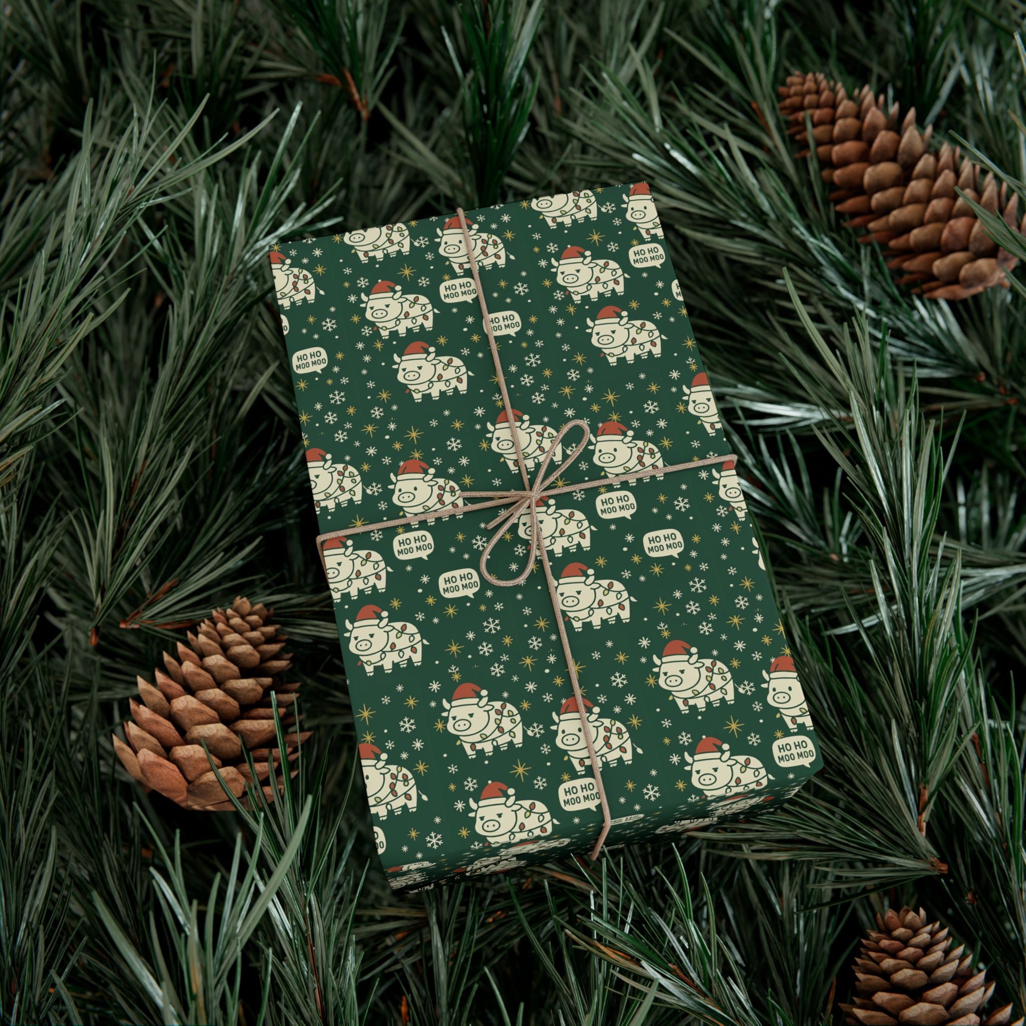 Christmas Cow Wrapping Paper - Cute Cows with Santa Hats and Lights, Farmhouse Holiday Gift Wrap, Country Christmas Packaging