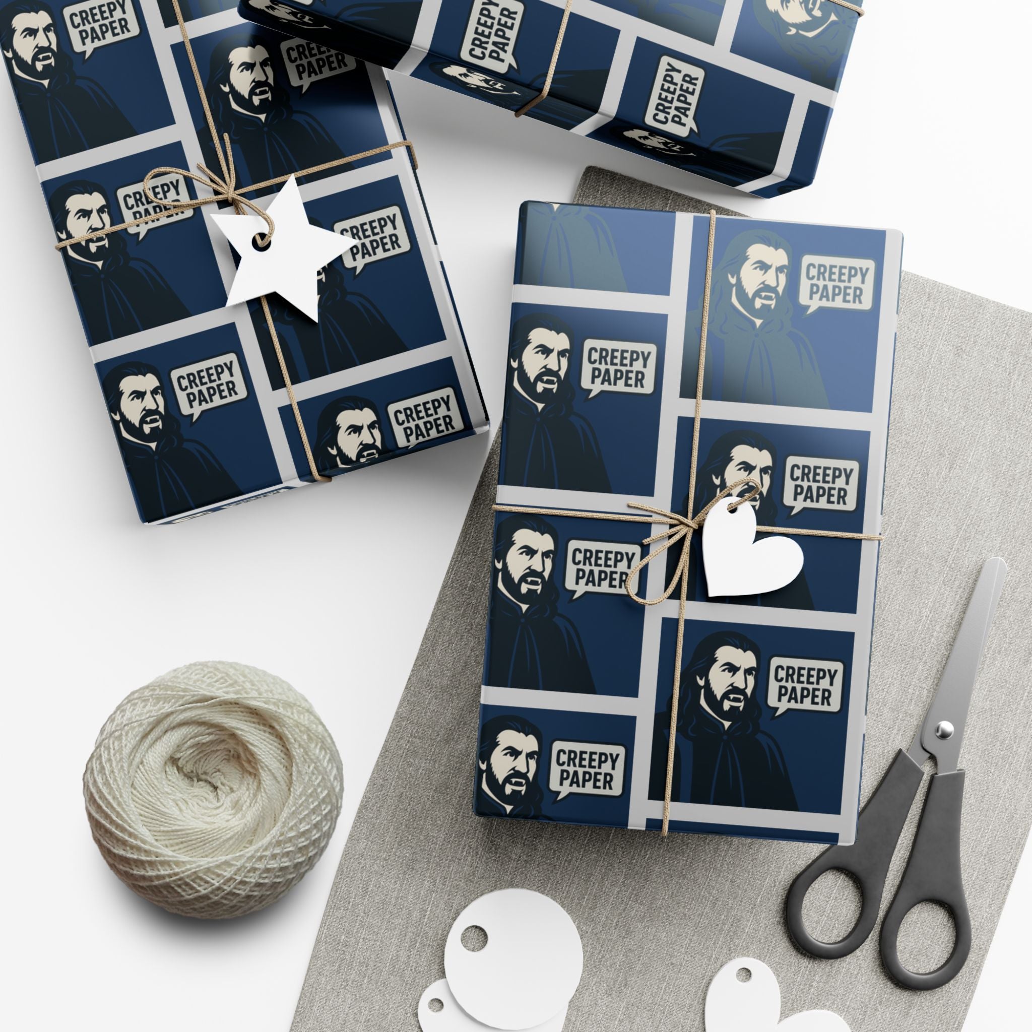 What We Do in the Shadows Nandor Creepy Wrapping Paper — Blue & White Gift Wrap