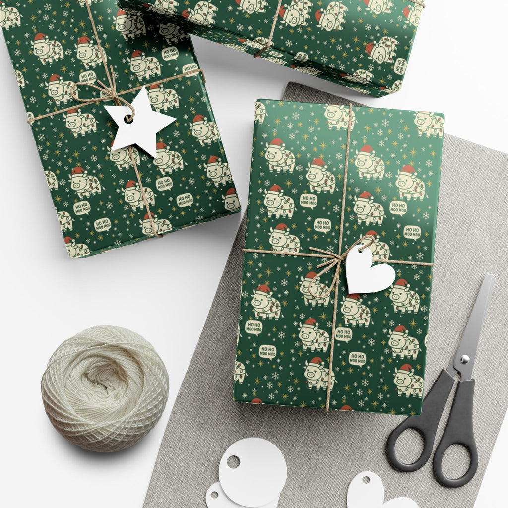 Christmas Cow Wrapping Paper - Cute Cows with Santa Hats and Lights, Farmhouse Holiday Gift Wrap, Country Christmas Packaging