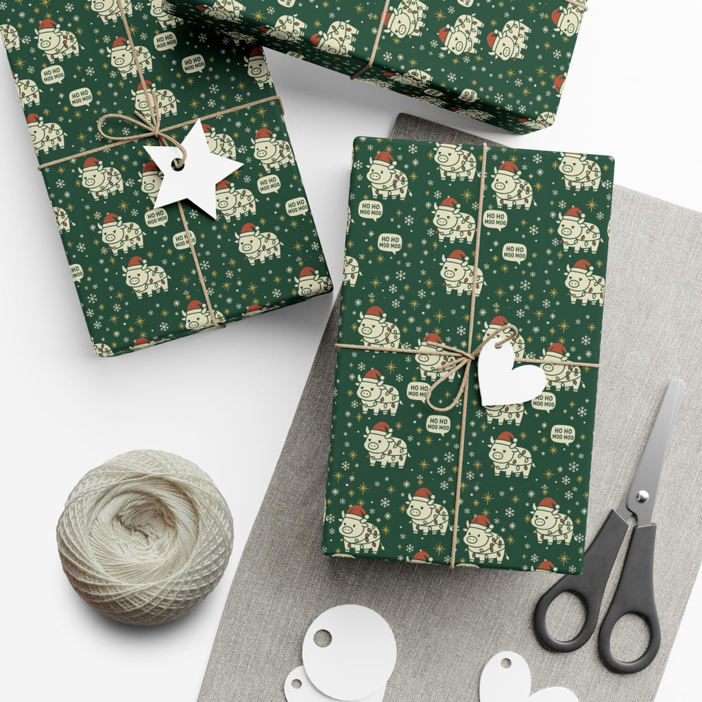 Christmas Cow Wrapping Paper - Cute Cows with Santa Hats and Lights, Farmhouse Holiday Gift Wrap, Country Christmas Packaging