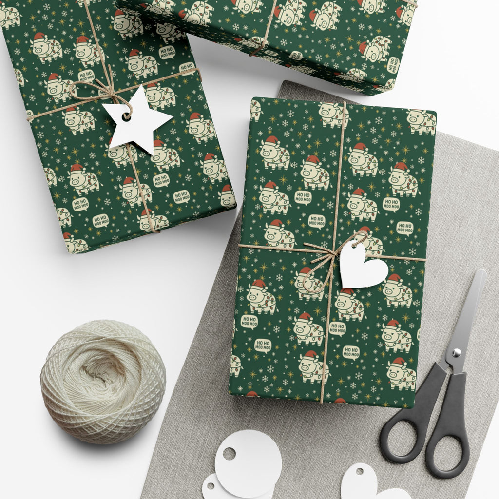 Christmas Cow Wrapping Paper - Cute Cows with Santa Hats and Lights, Farmhouse Holiday Gift Wrap, Country Christmas Packaging