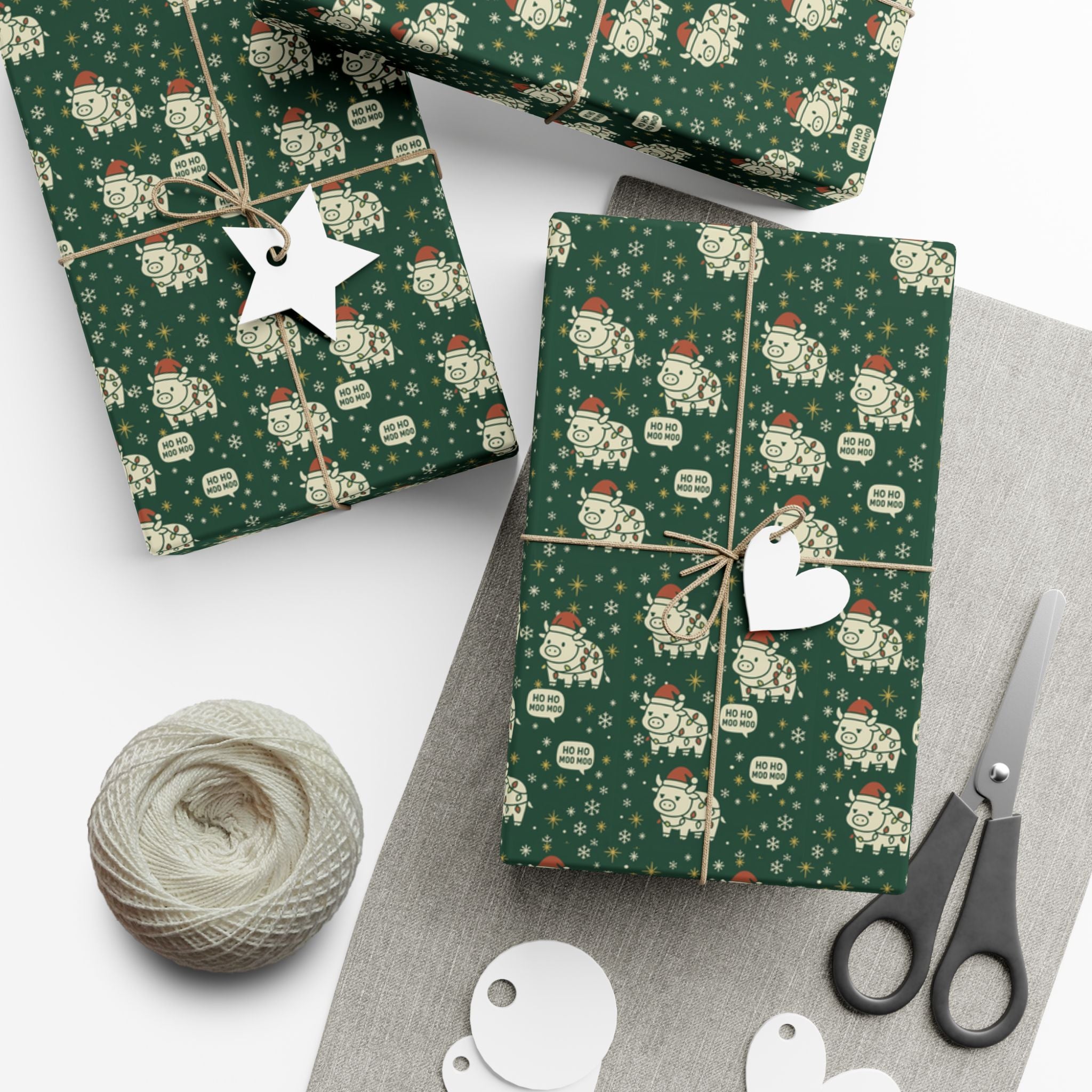 Christmas Cow Wrapping Paper - Cute Cows with Santa Hats and Lights, Farmhouse Holiday Gift Wrap, Country Christmas Packaging