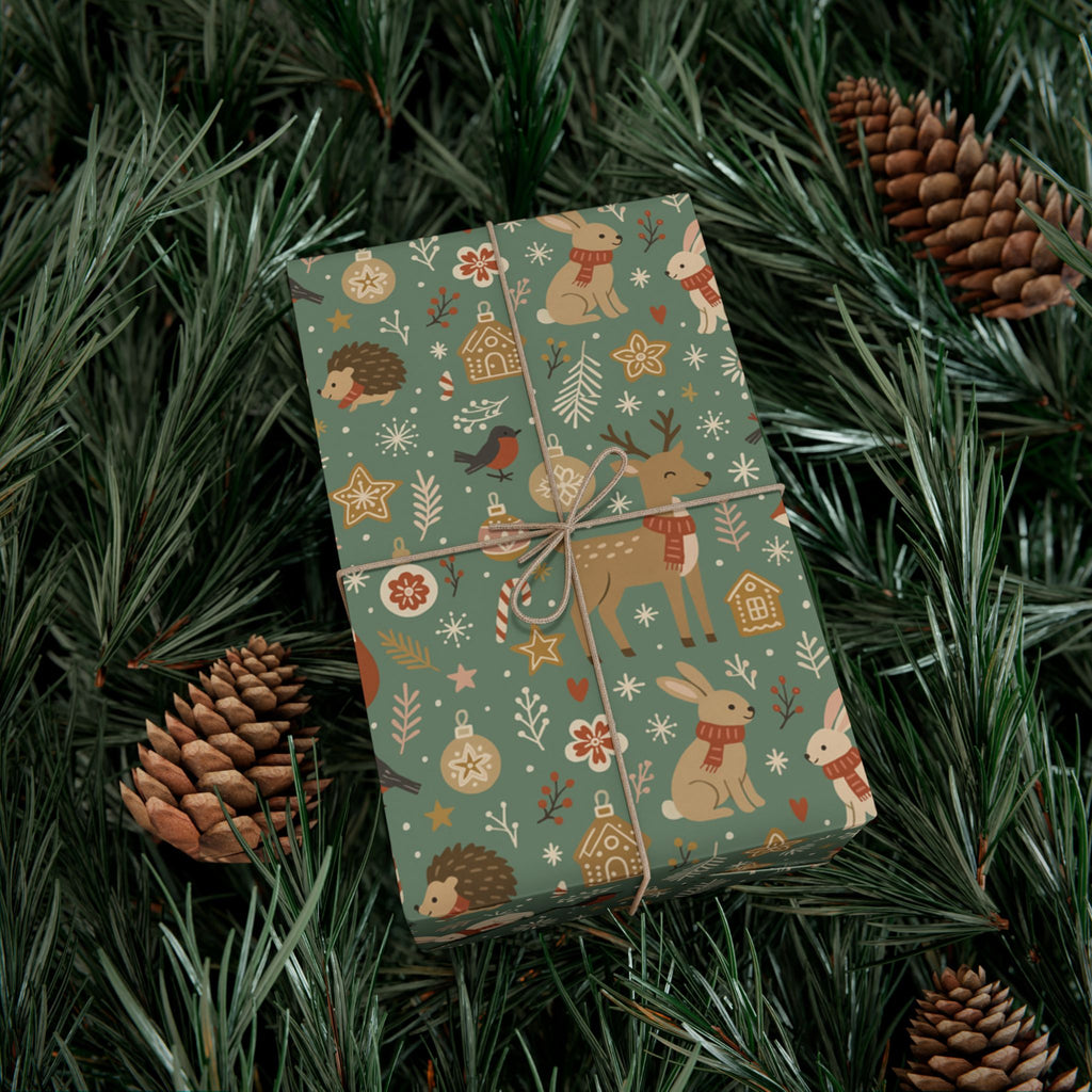 Woodland Christmas Wrapping Paper, Cute Forest Animals Gift Wrap, Holiday Kraft, Fox Deer Bunny, Cozy Winter Aesthetic Christmas Gift Wrap