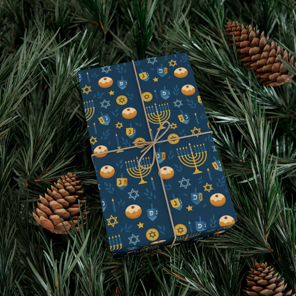Hanukkah Blue & Gold Donut, Candle & Star Gift Wrap Paper