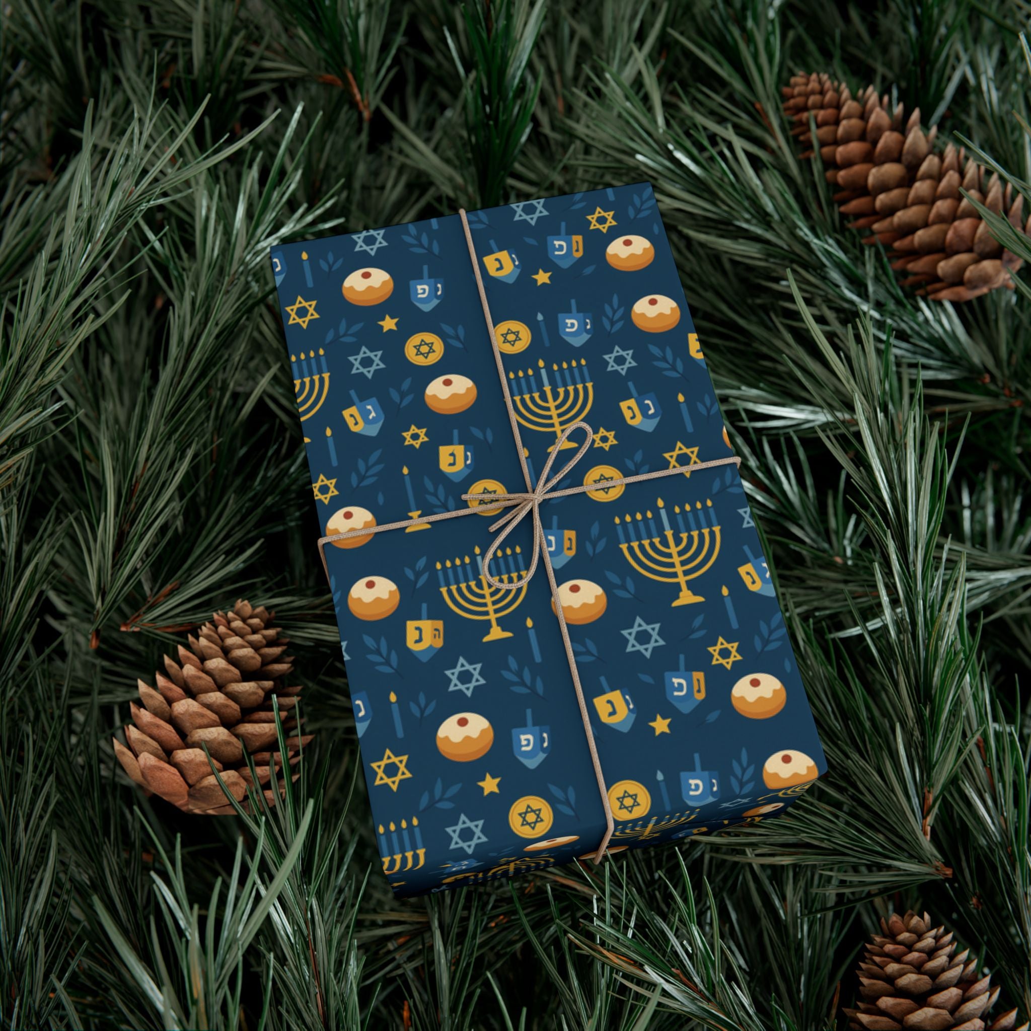Hanukkah Blue & Gold Donut, Candle & Star Gift Wrap Paper
