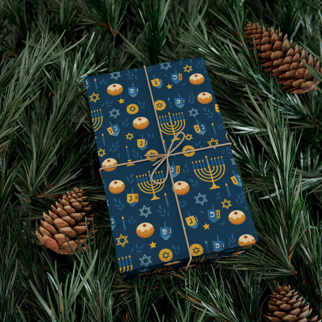 Hanukkah Wrapping Paper, Blue & Gold Hanukkah Gift Wrap, Menorah Dreidel Star of David Print, Jewish Holiday Gift Wrap Paper