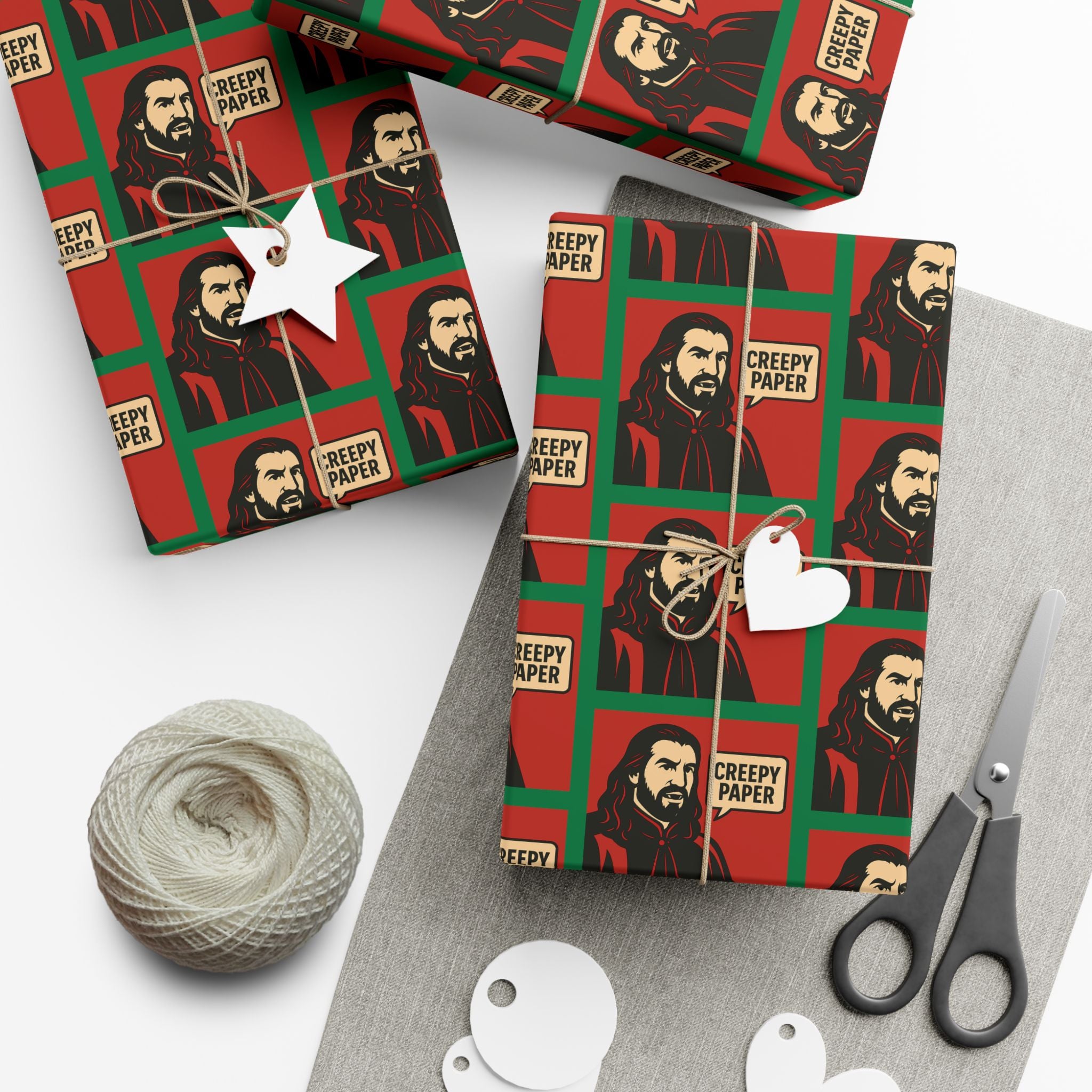 Red/Green - Creepy Paper Wrapping Paper, Nandor from What we do in the Shadows Show, Gift Wrap for Fans, Halloween Decor, Unique Gift Wrap