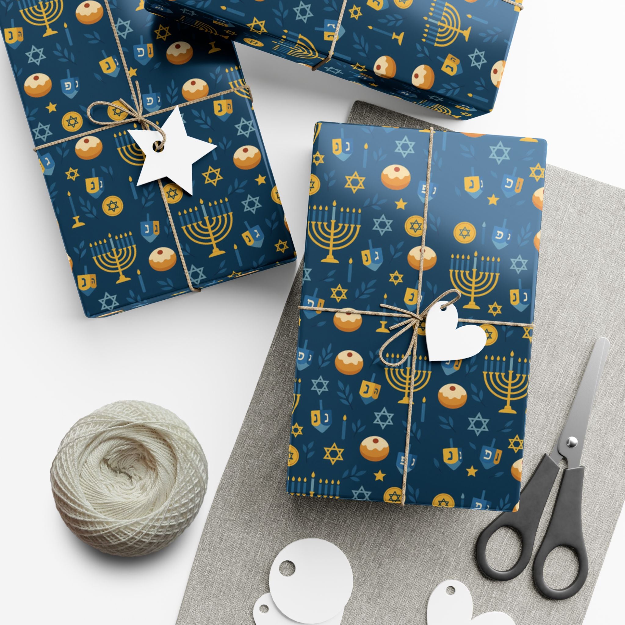 Hanukkah Wrapping Paper, Blue & Gold Hanukkah Gift Wrap, Menorah Dreidel Star of David Print, Jewish Holiday Gift Wrap Paper
