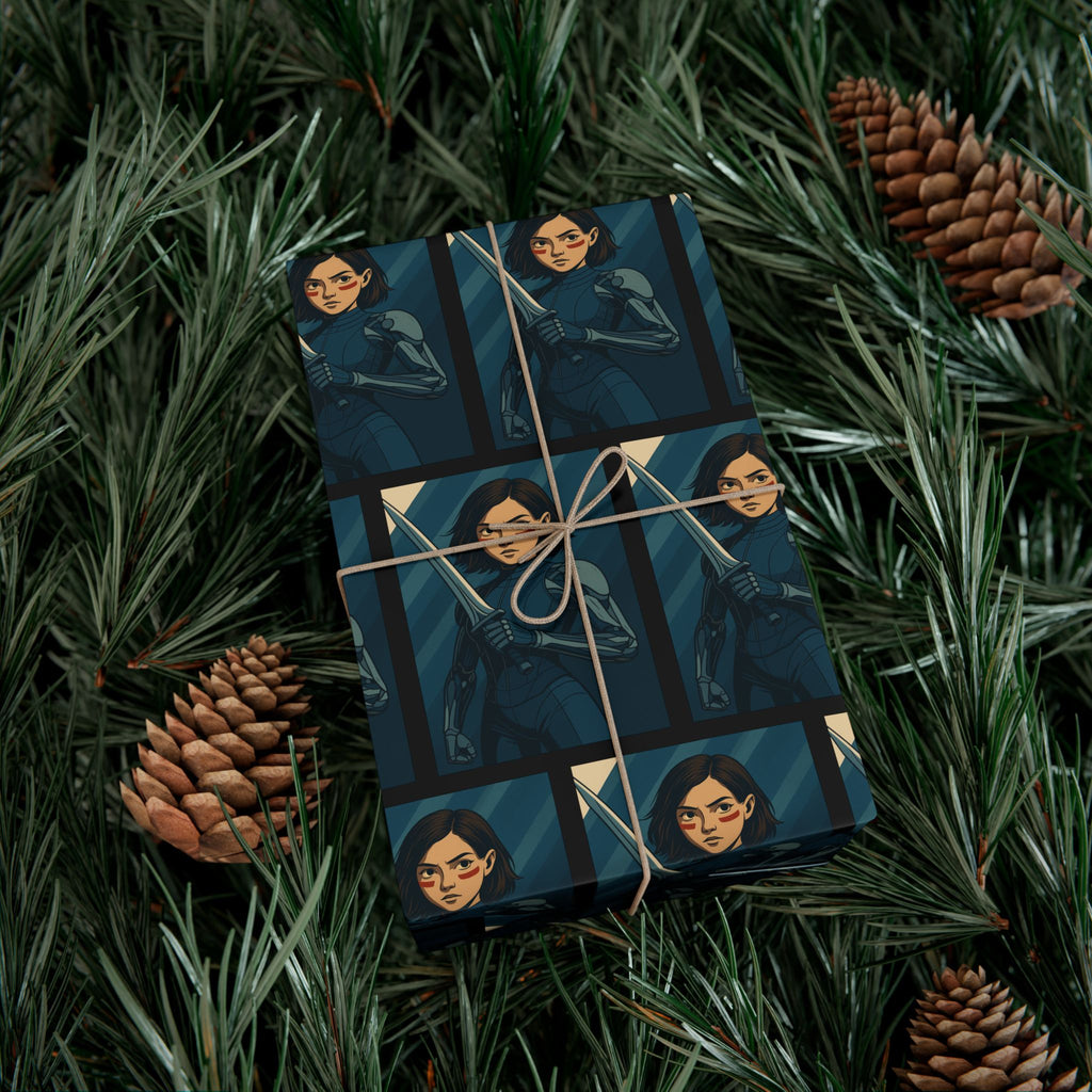 Alita Battle Angel Cyberpunk Anime Girl Wrapping Paper Futuristic Warrior Gift Wrap for Sci-Fi Fans, Manga Inspired Xmas Gift Wrap, Tech