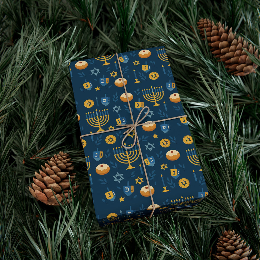 Hanukkah Wrapping Paper, Blue & Gold Hanukkah Gift Wrap, Menorah Dreidel Star of David Print, Jewish Holiday Gift Wrap Paper