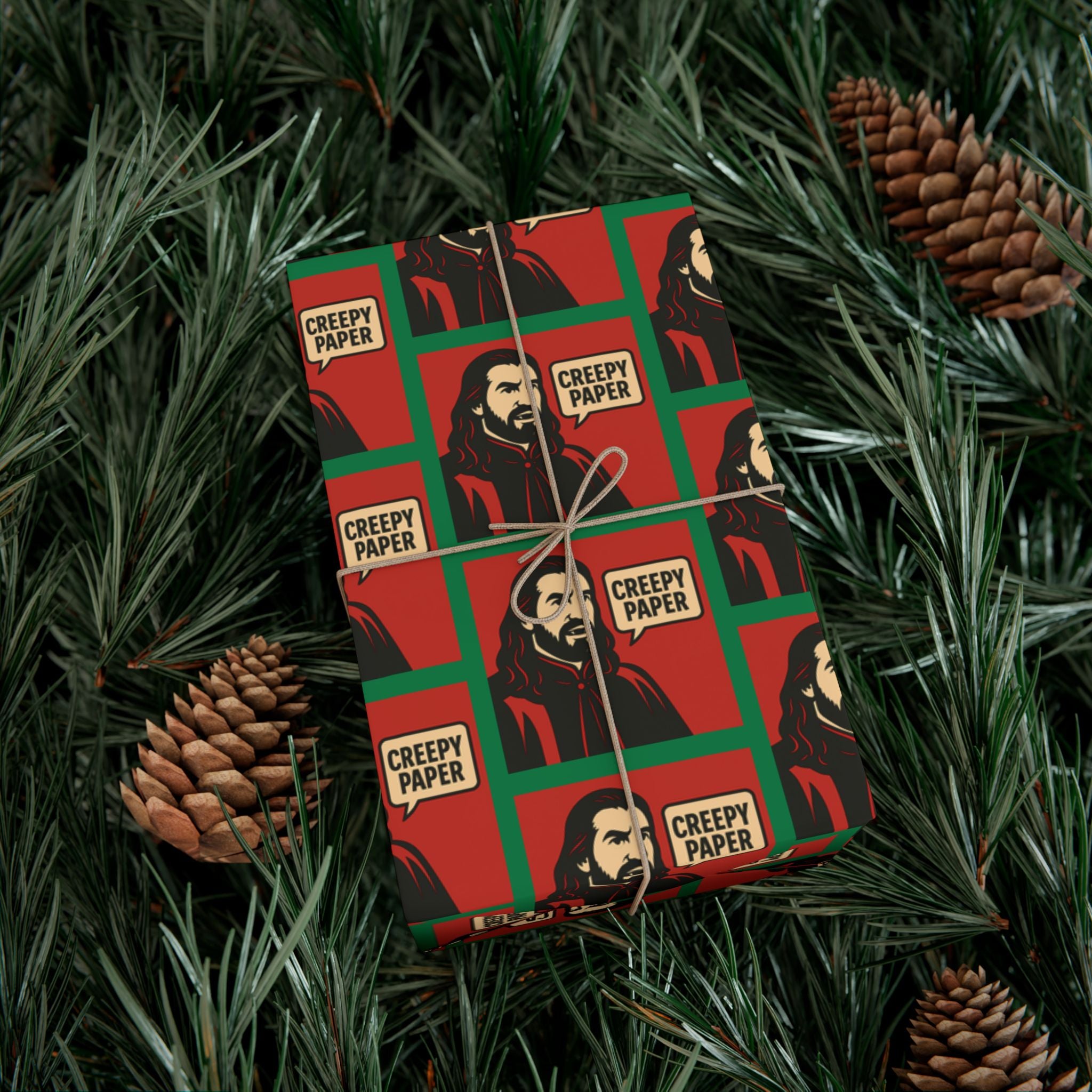 What We Do in the Shadows "Creepy Paper" Gift Wrap — Red & Green