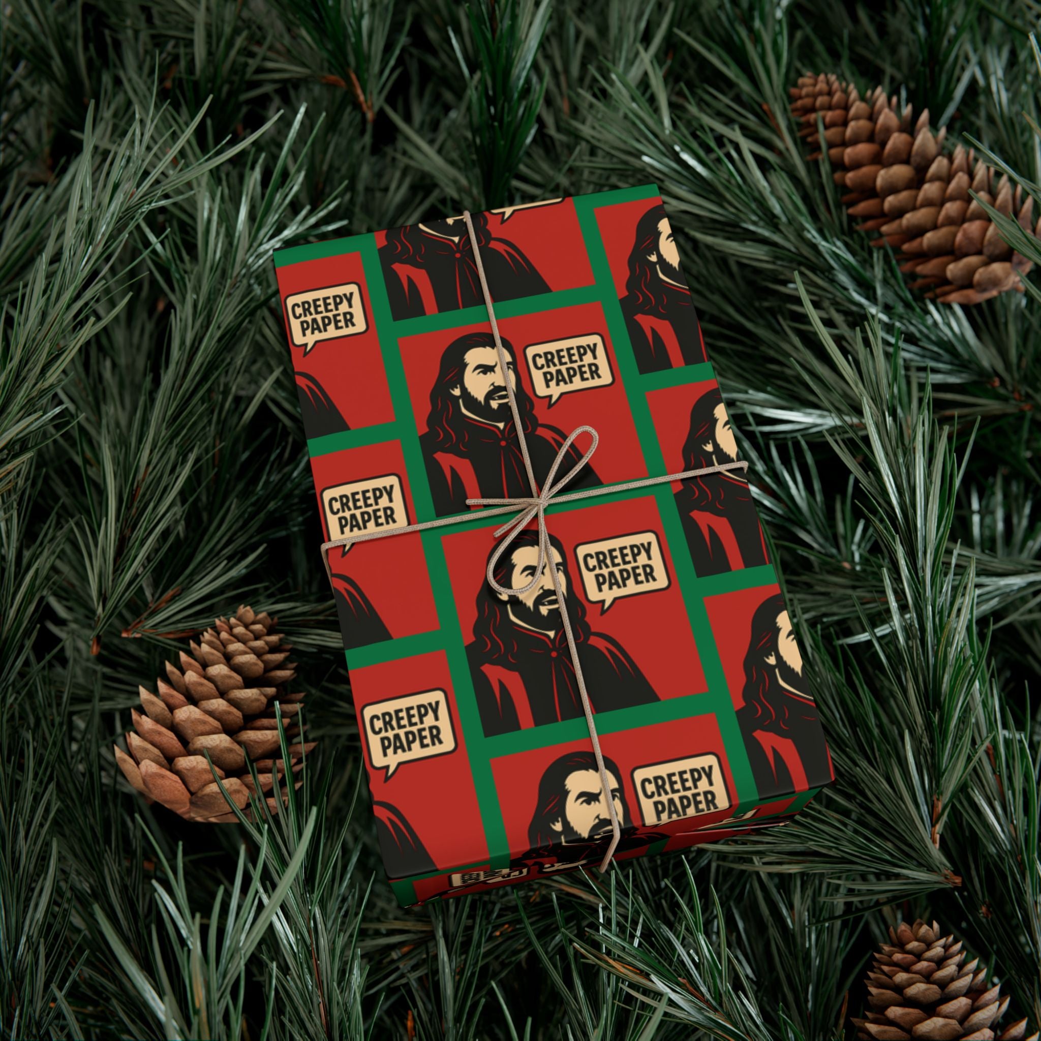 What We Do in the Shadows "Creepy Paper" Gift Wrap — Red & Green