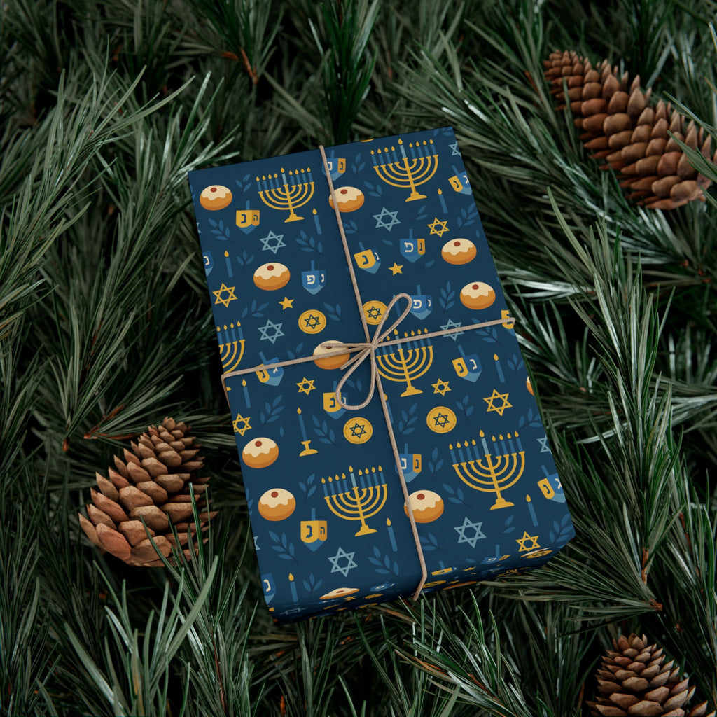 Hanukkah Wrapping Paper, Blue & Gold Hanukkah Gift Wrap, Menorah Dreidel Star of David Print, Jewish Holiday Gift Wrap Paper