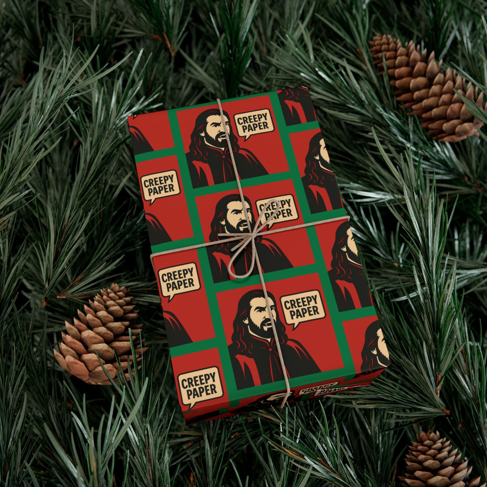 What We Do in the Shadows "Creepy Paper" Gift Wrap — Red & Green