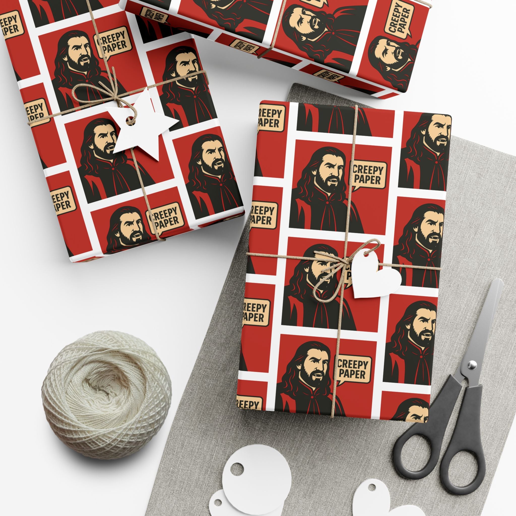 Red/White - Creepy Paper Wrapping Paper, Nandor from What we do in the Shadows Show, Gift Wrap for Fans, Halloween Decor, Unique Gift Wrap