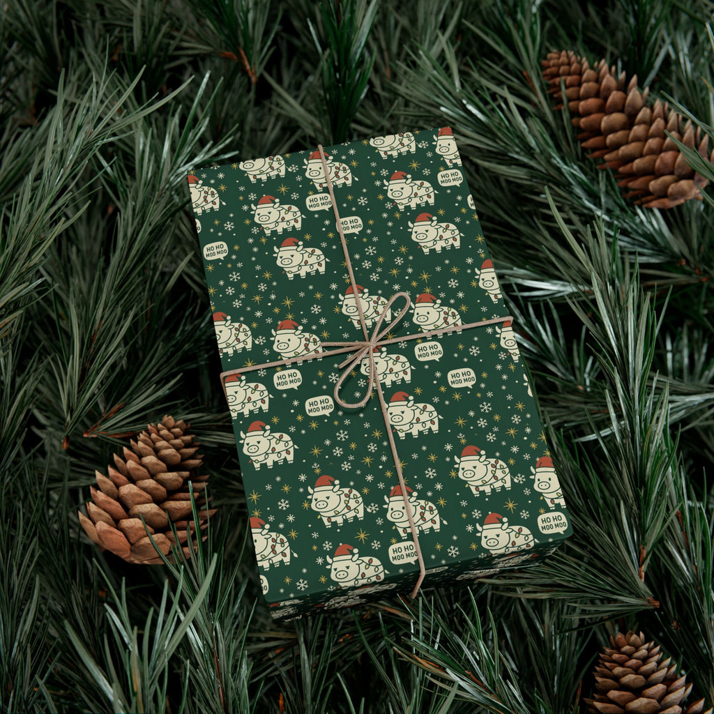 Christmas Cow Wrapping Paper - Cute Cows with Santa Hats and Lights, Farmhouse Holiday Gift Wrap, Country Christmas Packaging