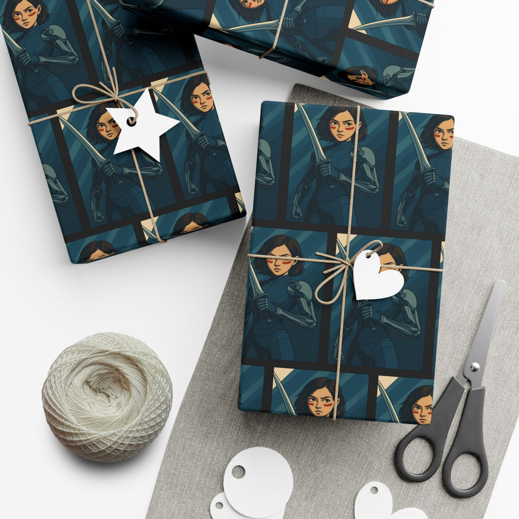Alita Battle Angel Cyberpunk Anime Girl Wrapping Paper Futuristic Warrior Gift Wrap for Sci-Fi Fans, Manga Inspired Xmas Gift Wrap, Tech