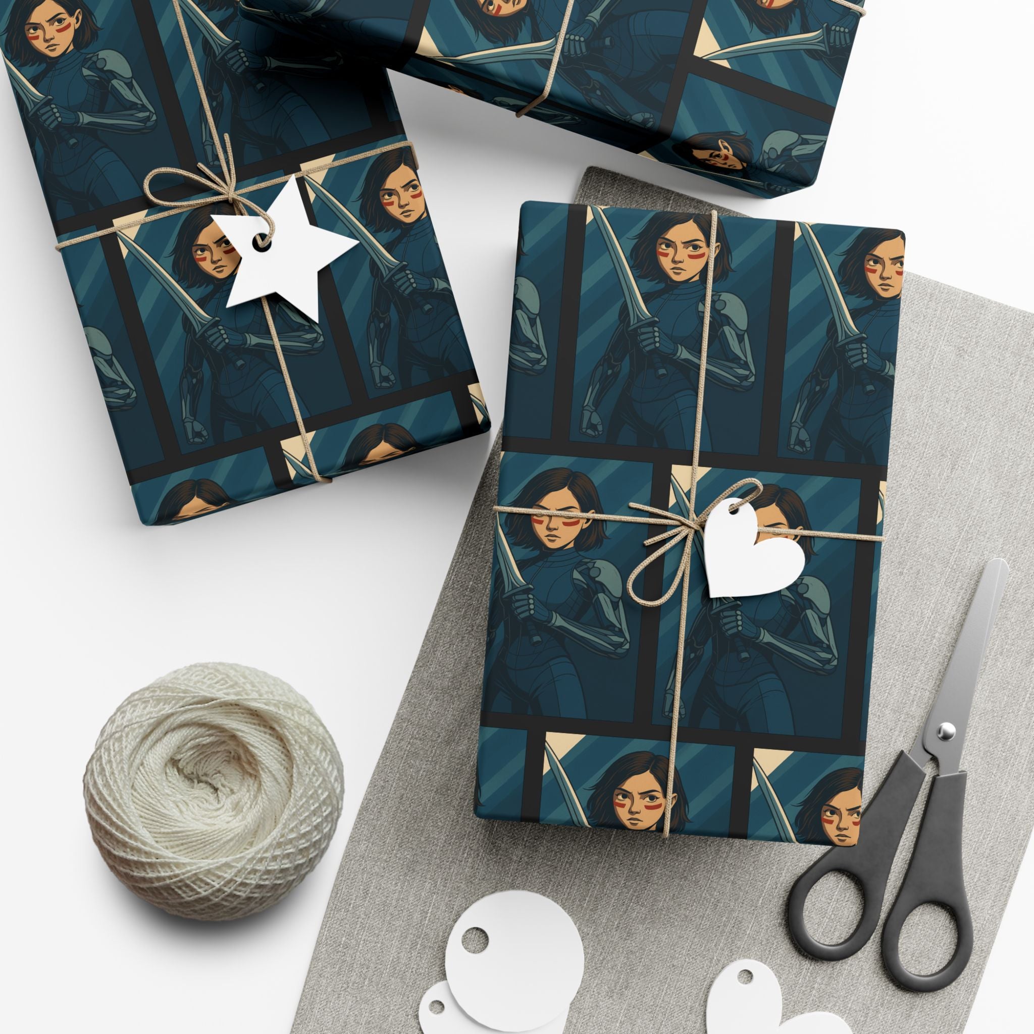 Alita Battle Angel Cyberpunk Anime Girl Wrapping Paper Futuristic Warrior Gift Wrap for Sci-Fi Fans, Manga Inspired Xmas Gift Wrap, Tech
