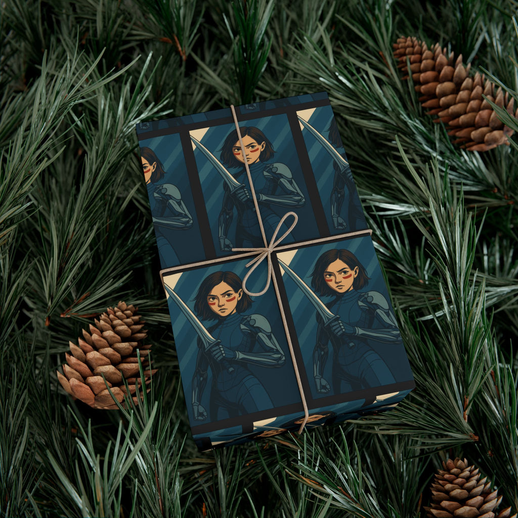 Alita Battle Angel Cyberpunk Anime Girl Wrapping Paper Futuristic Warrior Gift Wrap for Sci-Fi Fans, Manga Inspired Xmas Gift Wrap, Tech