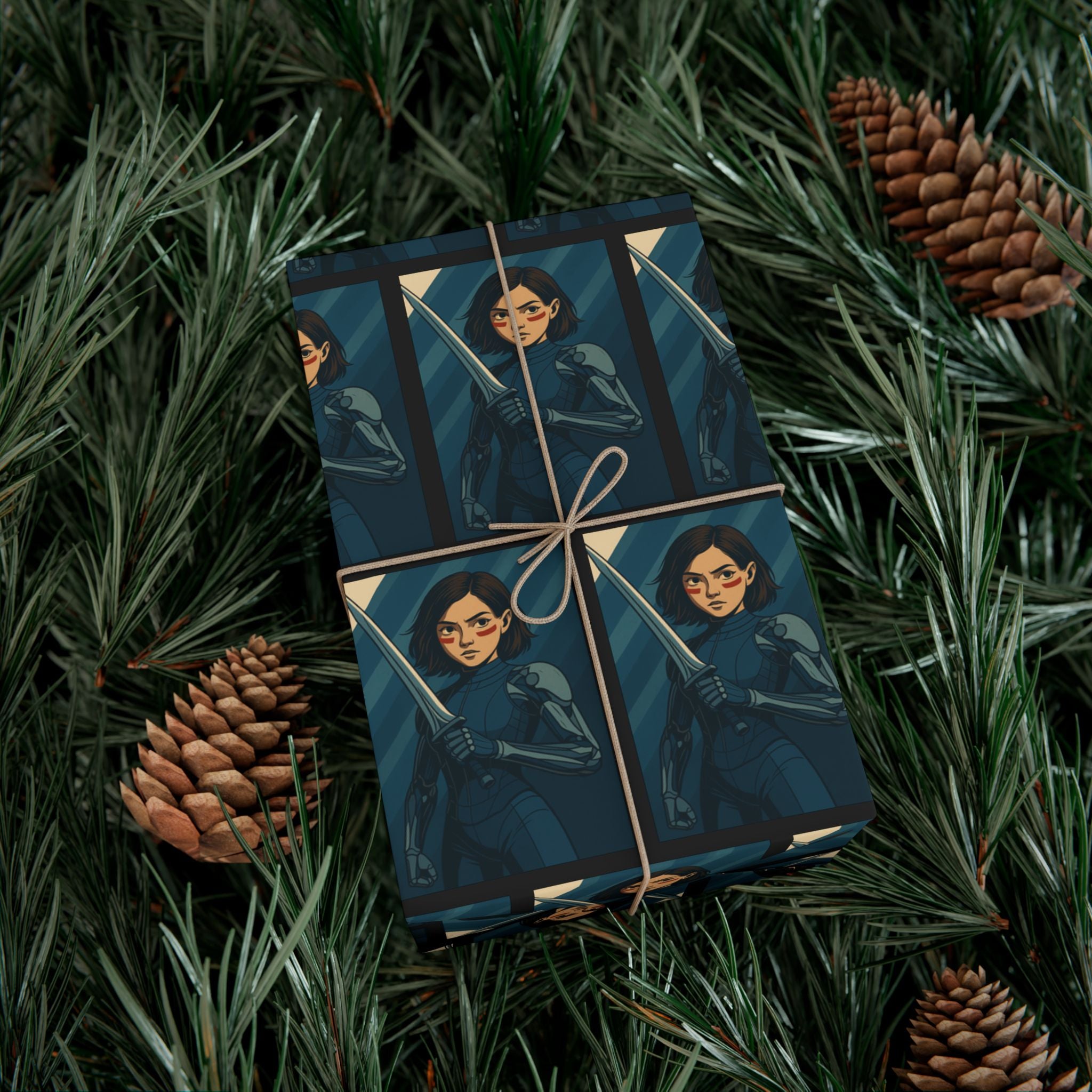 Alita Battle Angel Cyberpunk Anime Girl Wrapping Paper Futuristic Warrior Gift Wrap for Sci-Fi Fans, Manga Inspired Xmas Gift Wrap, Tech