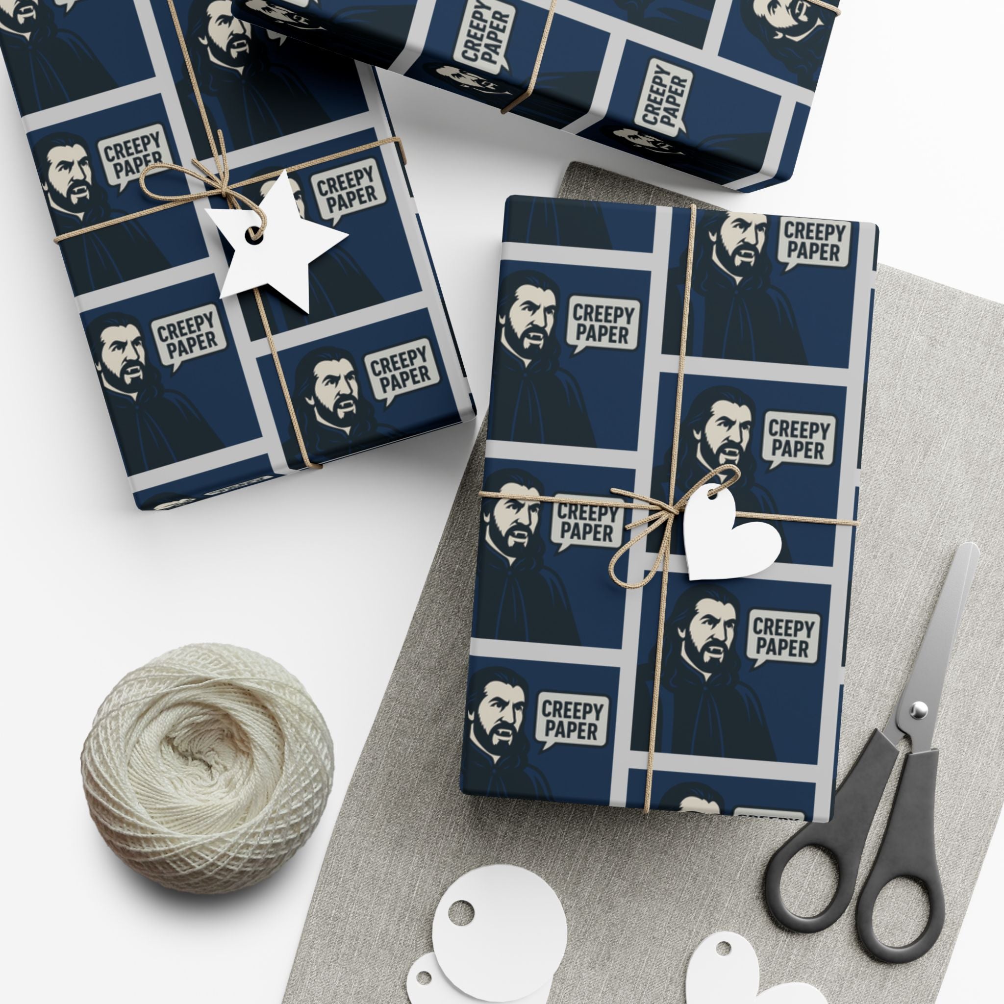 What We Do in the Shadows Nandor Creepy Wrapping Paper — Blue & White Gift Wrap
