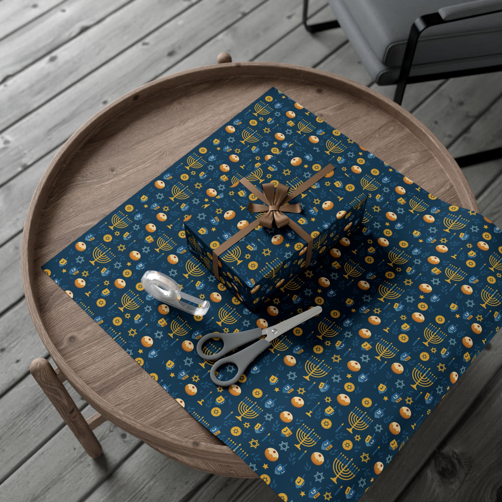 Hanukkah Blue & Gold Donut, Candle & Star Gift Wrap Paper