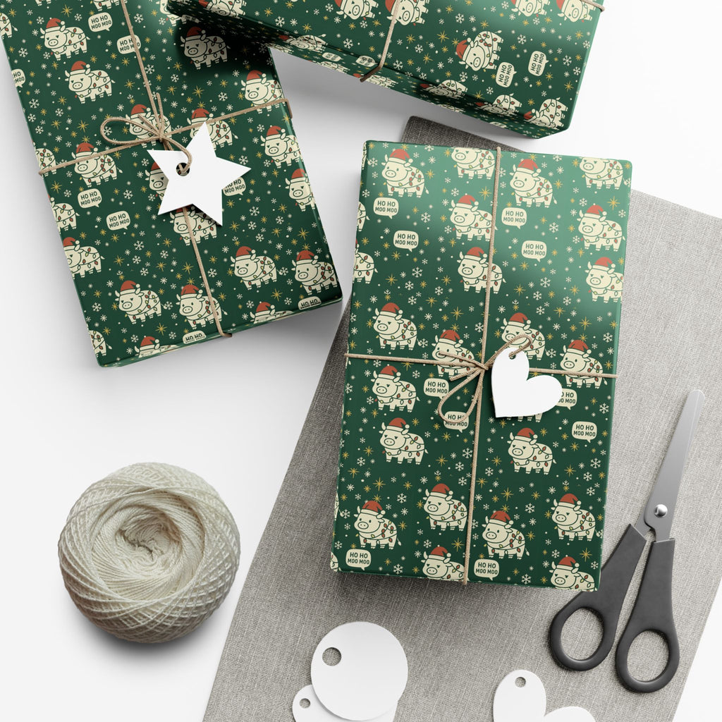 Christmas Cow Wrapping Paper - Cute Cows with Santa Hats and Lights, Farmhouse Holiday Gift Wrap, Country Christmas Packaging