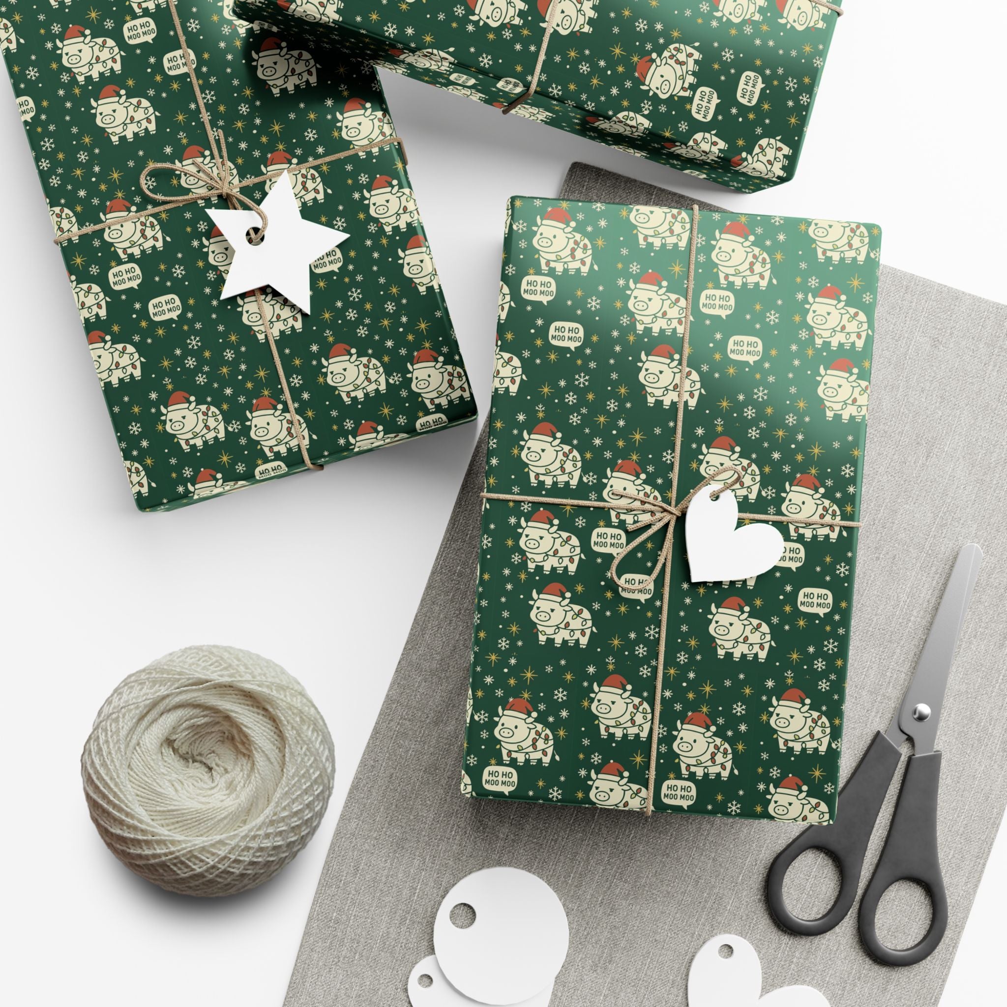 Christmas Cow Wrapping Paper - Cute Cows with Santa Hats and Lights, Farmhouse Holiday Gift Wrap, Country Christmas Packaging