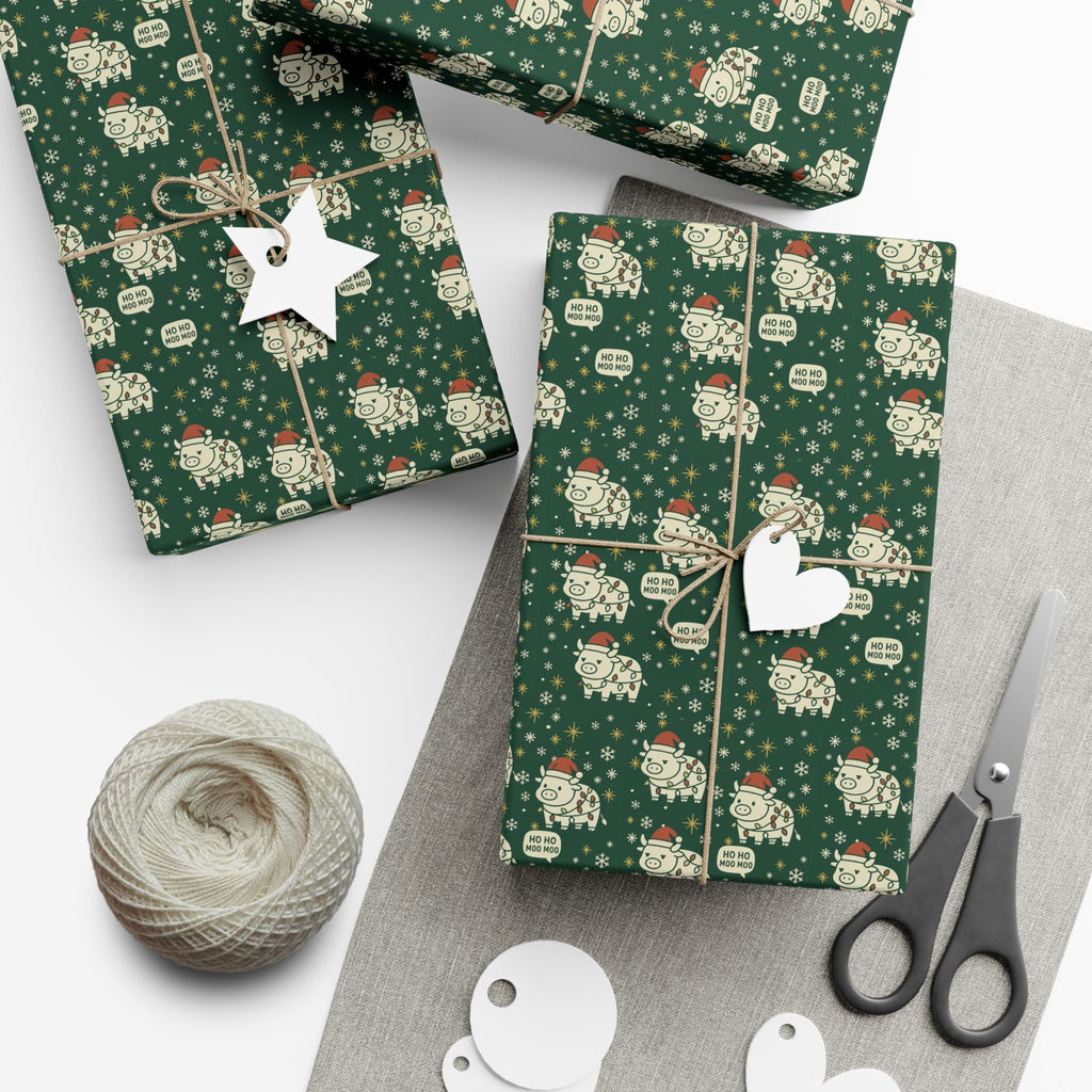 Christmas Cow Wrapping Paper - Cute Cows with Santa Hats and Lights, Farmhouse Holiday Gift Wrap, Country Christmas Packaging