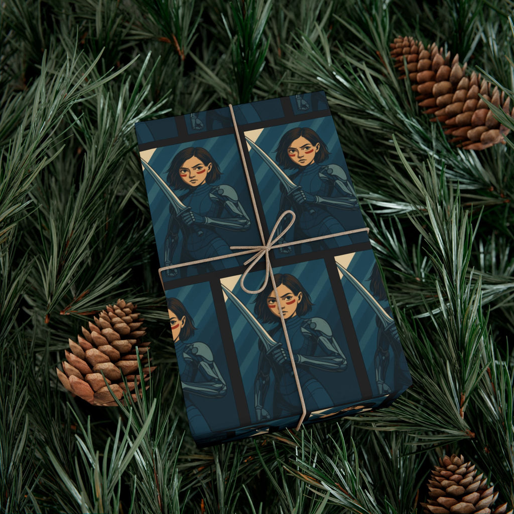 Alita Battle Angel Cyberpunk Anime Girl Wrapping Paper Futuristic Warrior Gift Wrap for Sci-Fi Fans, Manga Inspired Xmas Gift Wrap, Tech