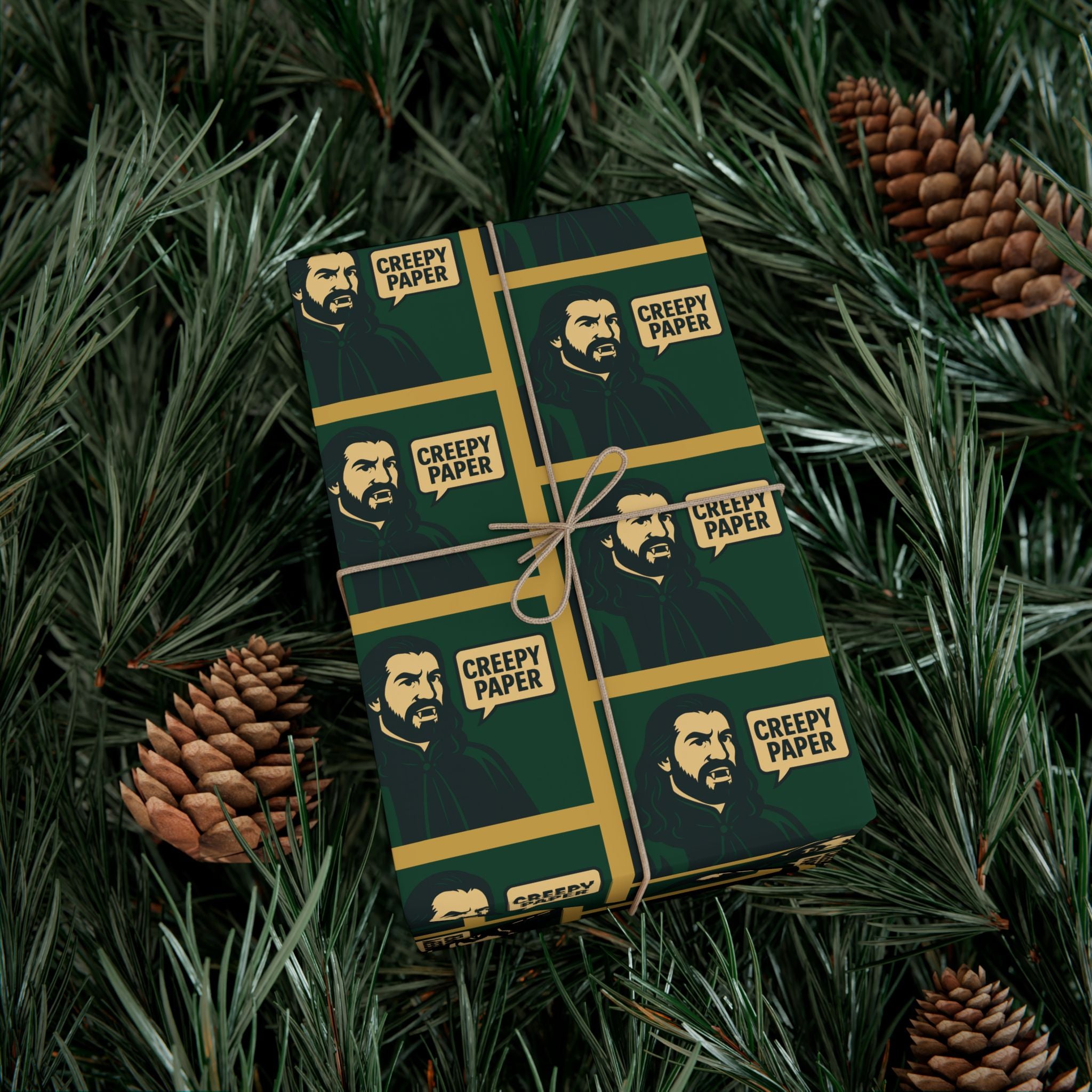 Green/Gold - Creepy Paper Wrapping Paper, Nandor from What we do in the Shadows Show, Gift Wrap for Fans, Halloween Decor, Unique Gift Wrap