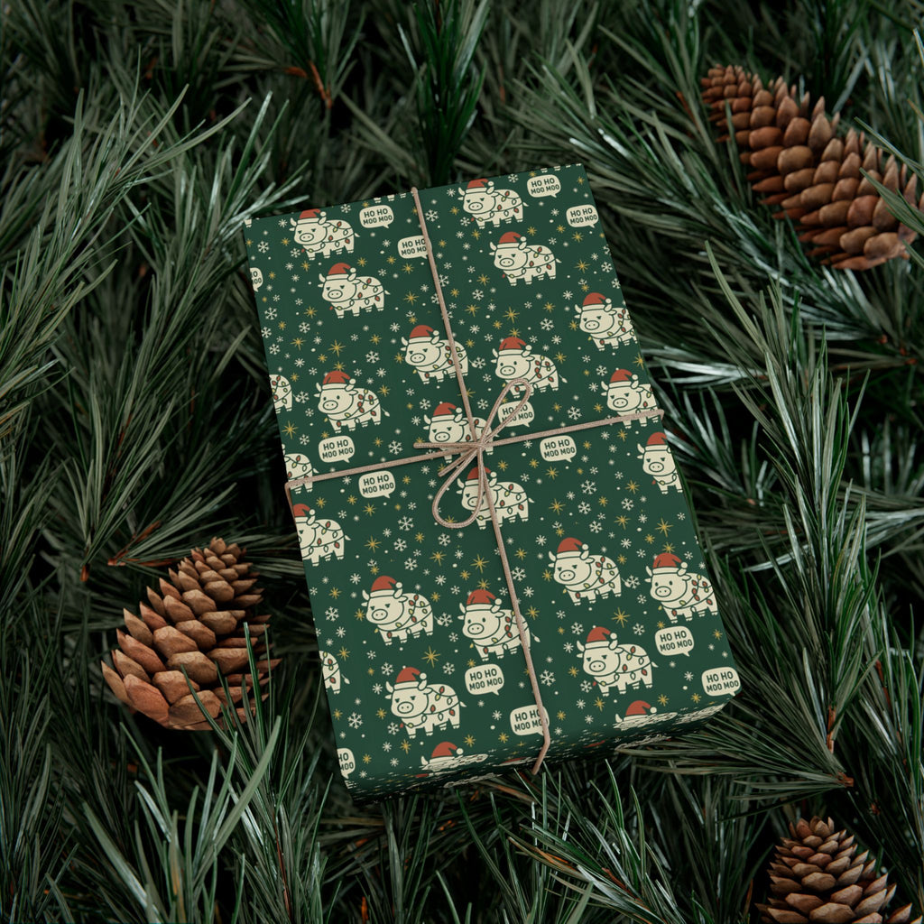 Christmas Cow Wrapping Paper - Cute Cows with Santa Hats and Lights, Farmhouse Holiday Gift Wrap, Country Christmas Packaging