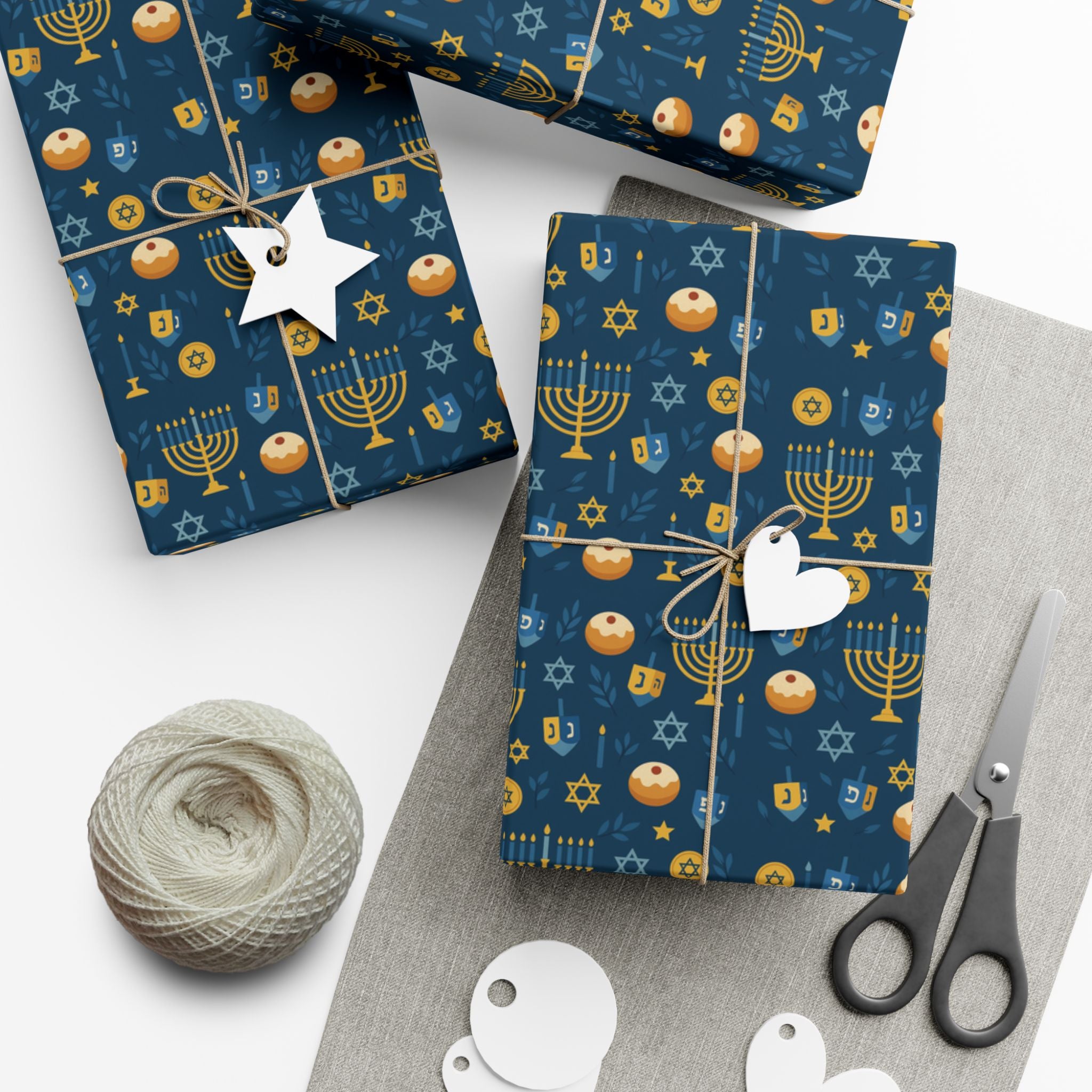 Hanukkah Wrapping Paper, Blue & Gold Hanukkah Gift Wrap, Menorah Dreidel Star of David Print, Jewish Holiday Gift Wrap Paper