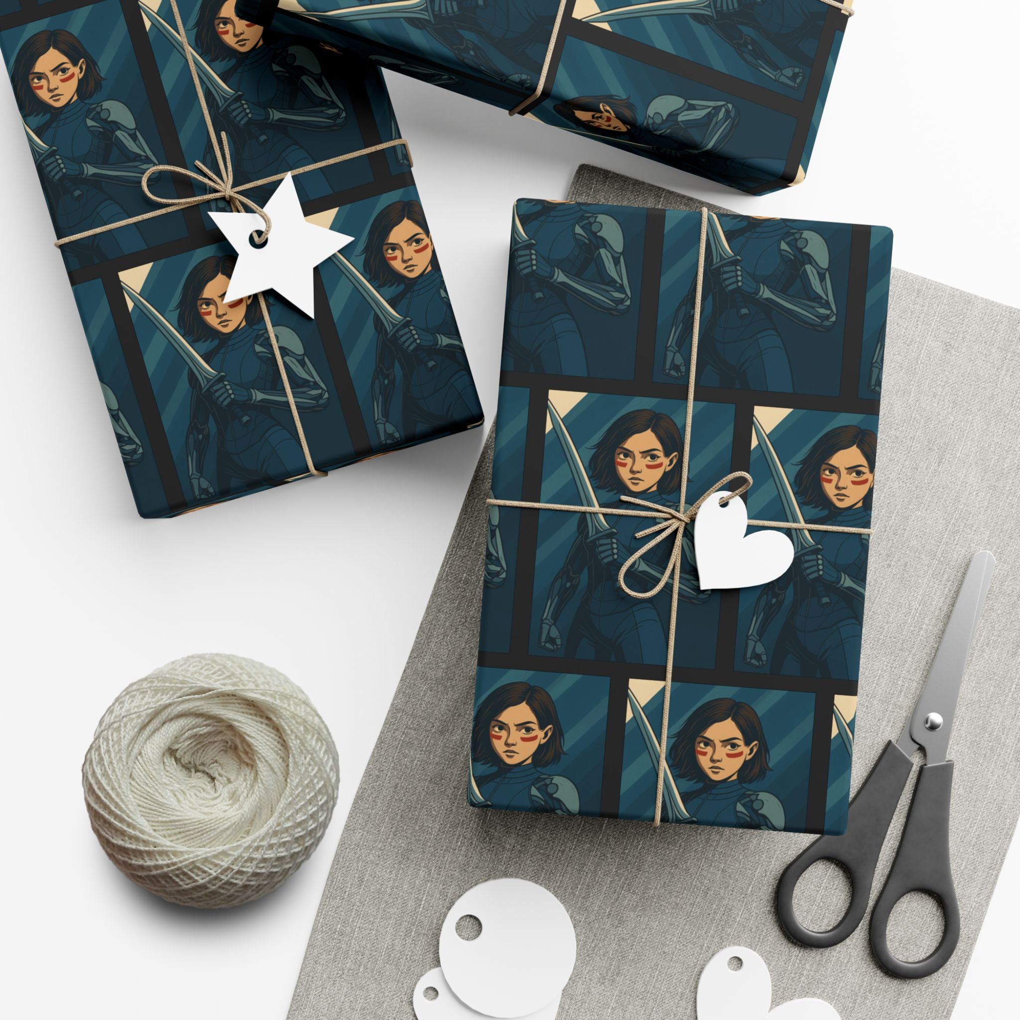 Alita Battle Angel Cyberpunk Anime Girl Wrapping Paper Futuristic Warrior Gift Wrap for Sci-Fi Fans, Manga Inspired Xmas Gift Wrap, Tech