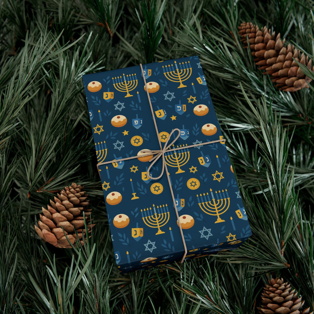 Hanukkah Wrapping Paper, Blue & Gold Hanukkah Gift Wrap, Menorah Dreidel Star of David Print, Jewish Holiday Gift Wrap Paper