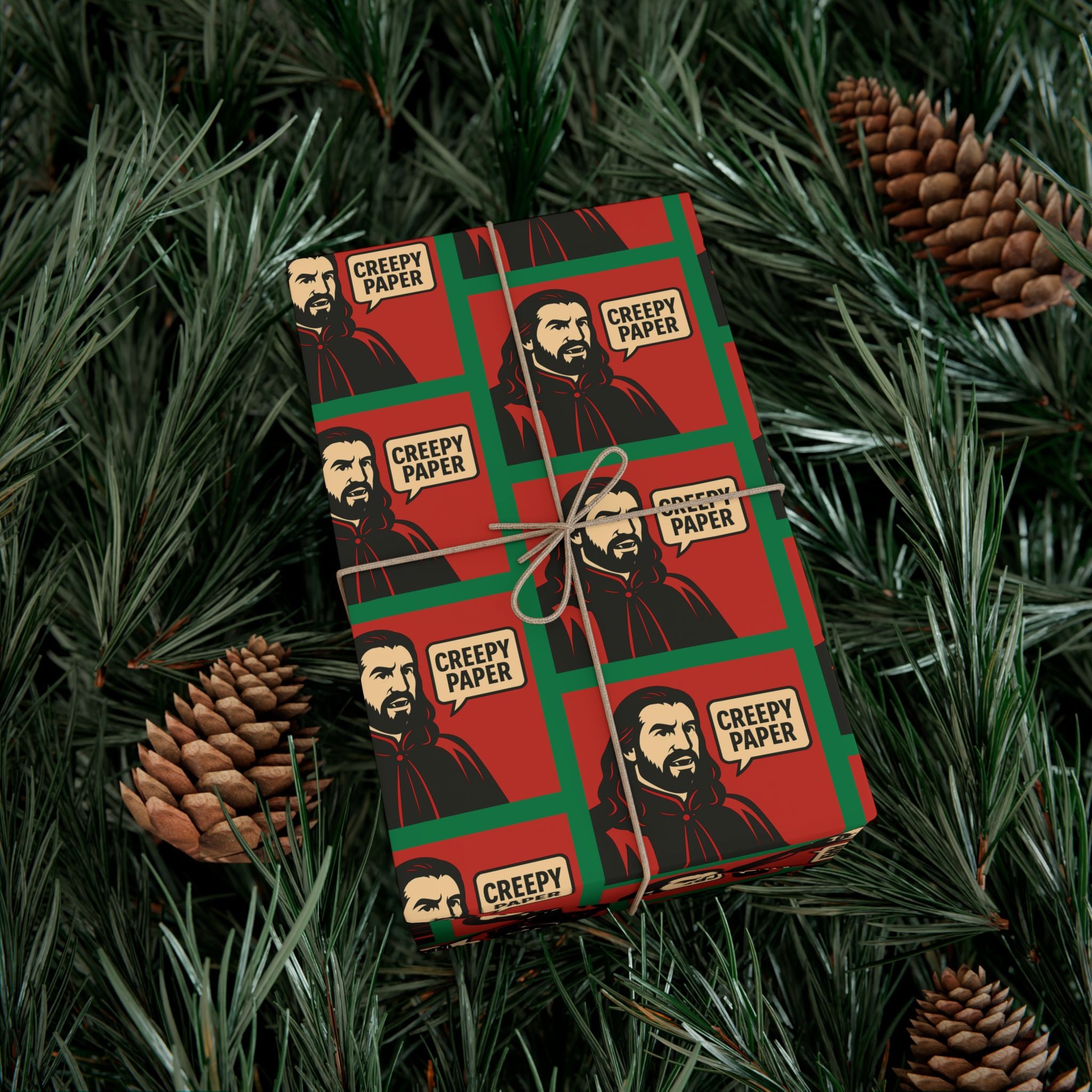 What We Do in the Shadows "Creepy Paper" Gift Wrap — Red & Green