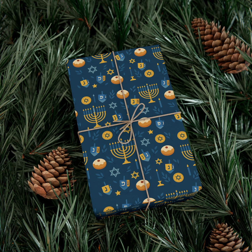 Hanukkah Wrapping Paper, Blue & Gold Hanukkah Gift Wrap, Menorah Dreidel Star of David Print, Jewish Holiday Gift Wrap Paper