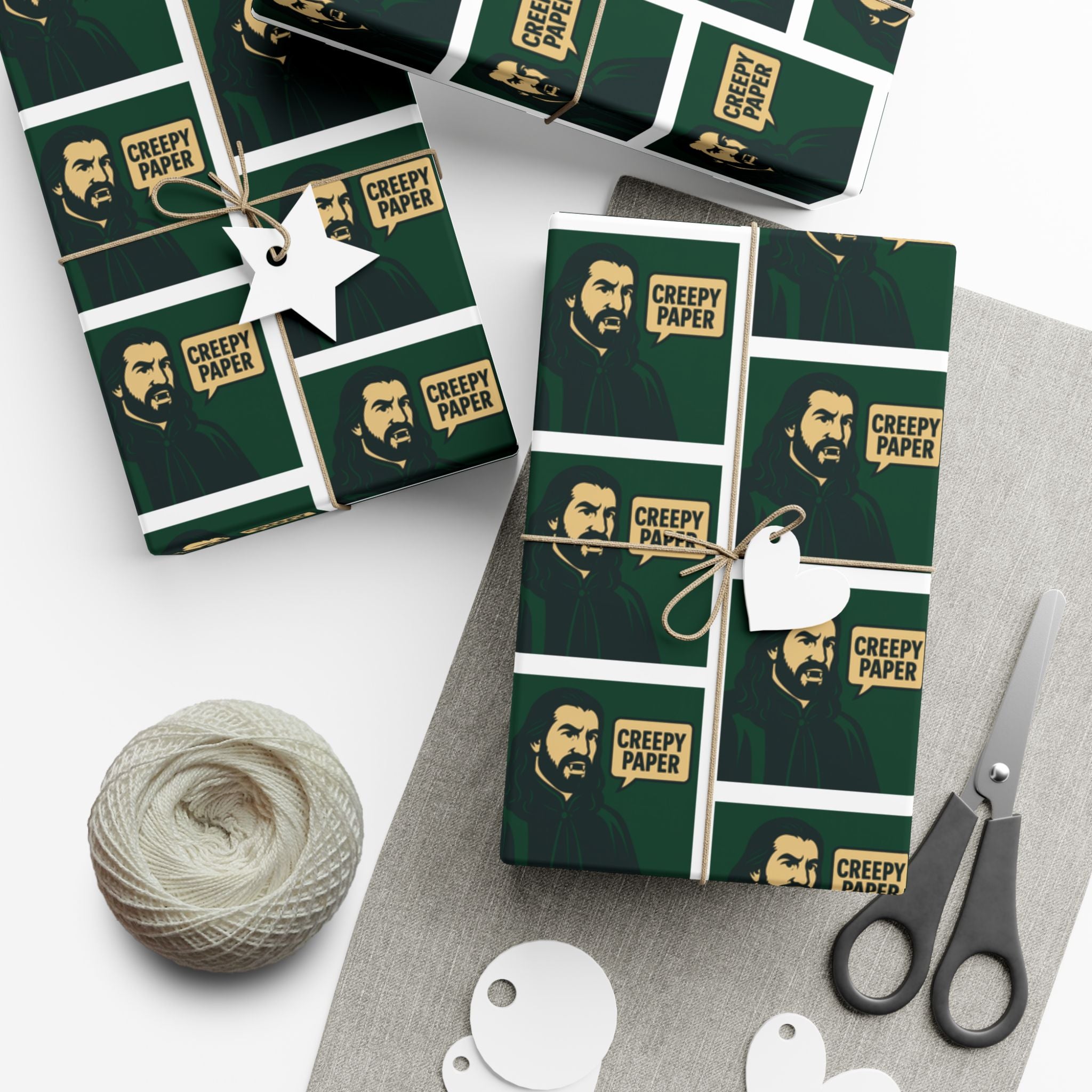 Green/White - Creepy Paper Wrapping Paper, Nandor from What we do in the Shadows Show, Gift Wrap for Fans, Halloween Decor, Unique Gift Wrap