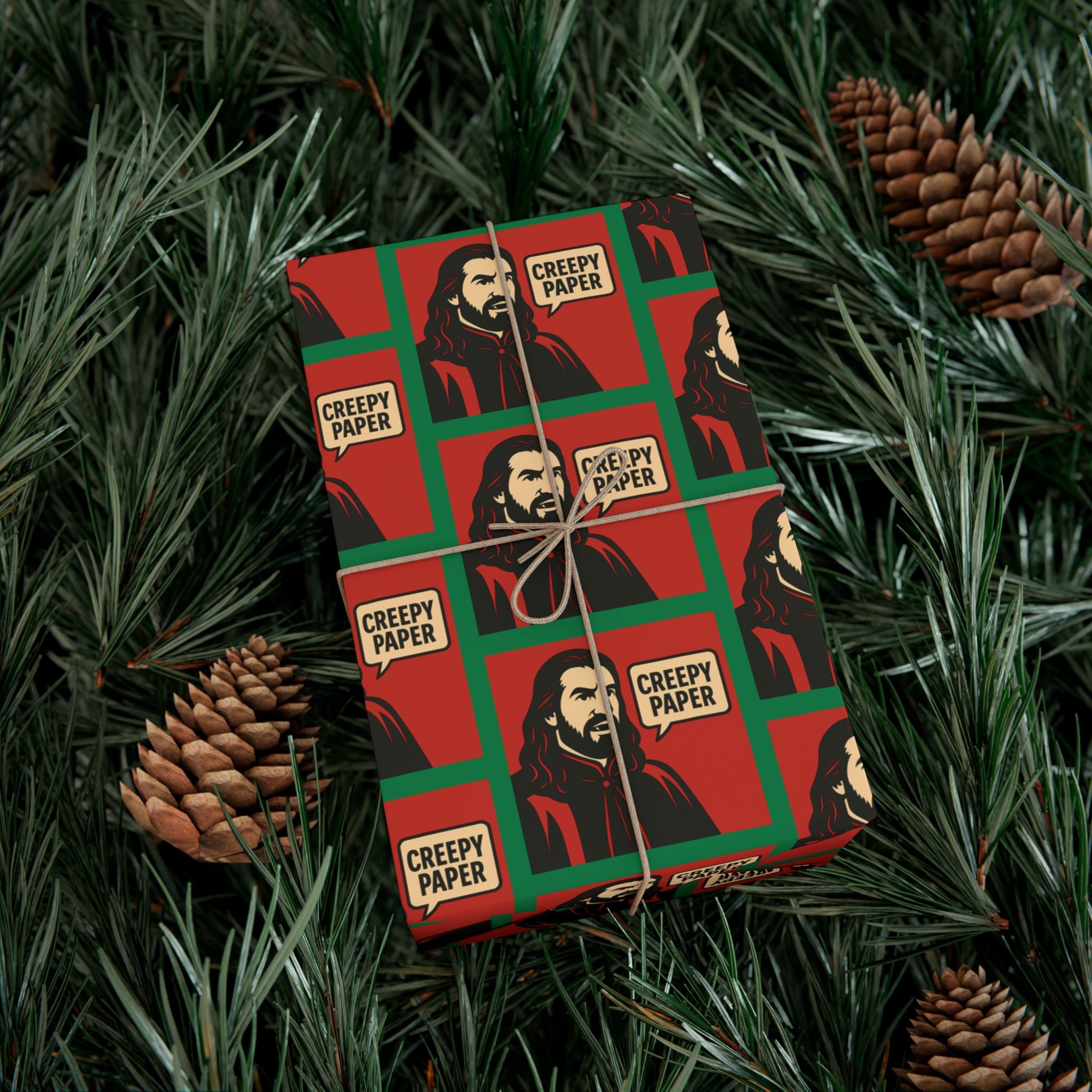 What We Do in the Shadows "Creepy Paper" Gift Wrap — Red & Green
