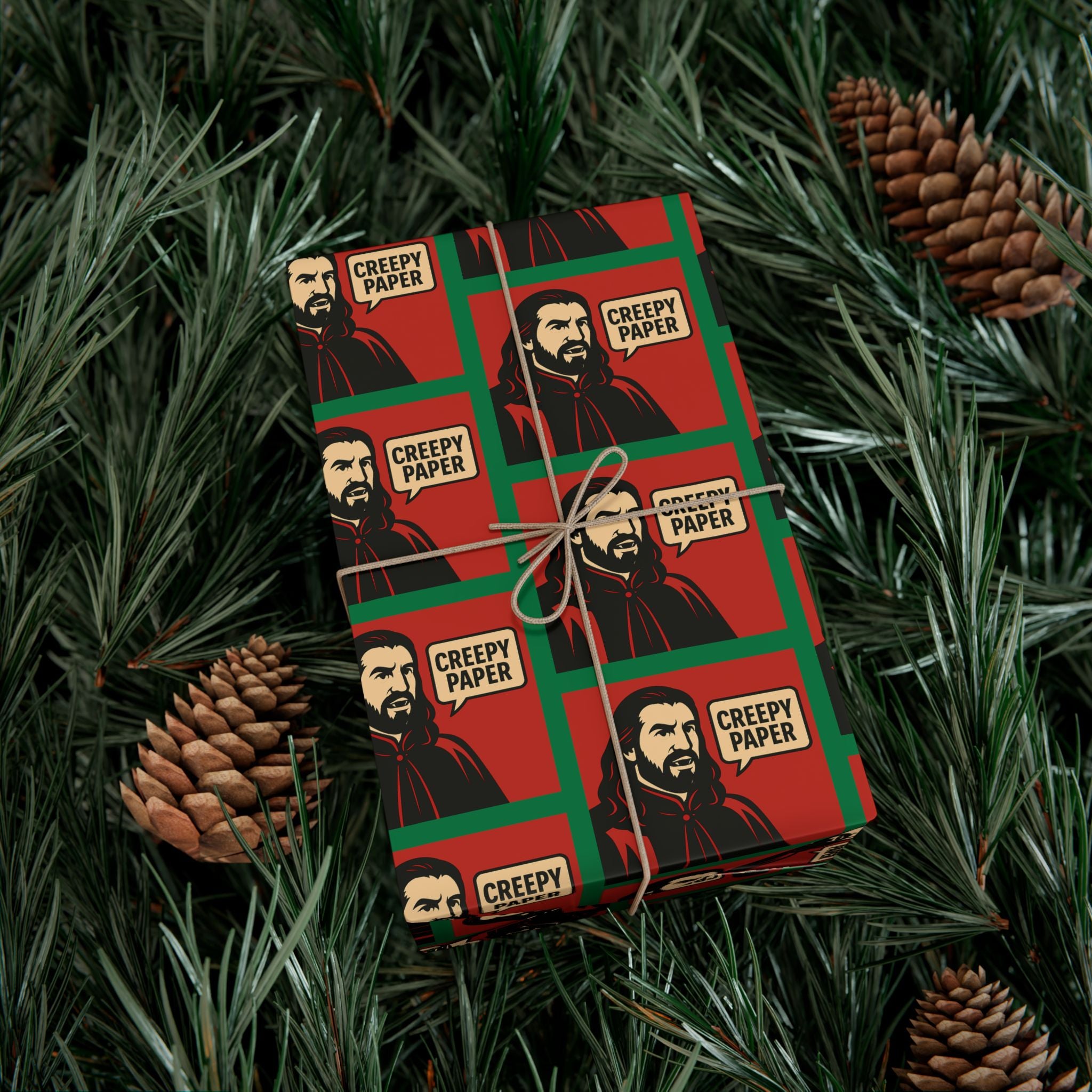 What We Do in the Shadows "Creepy Paper" Gift Wrap — Red & Green