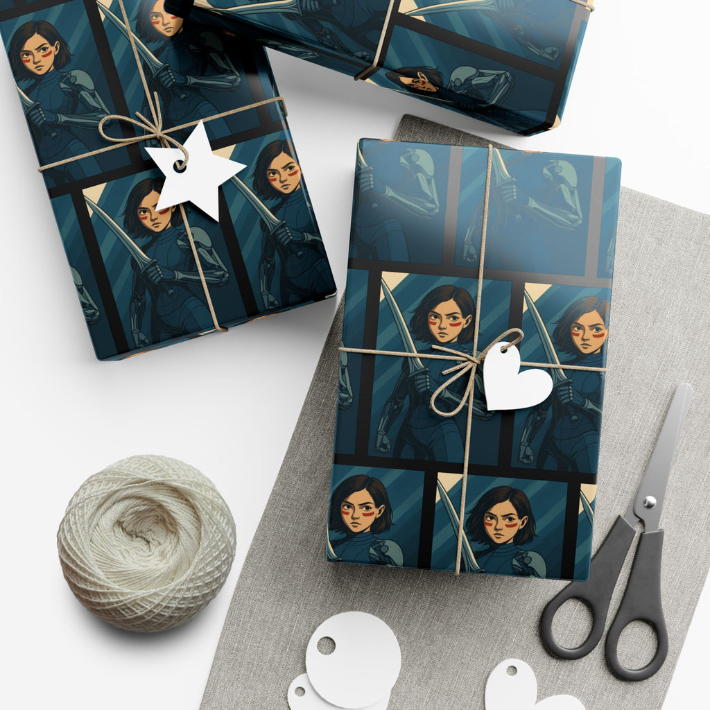 Alita Battle Angel Cyberpunk Anime Girl Wrapping Paper Futuristic Warrior Gift Wrap for Sci-Fi Fans, Manga Inspired Xmas Gift Wrap, Tech