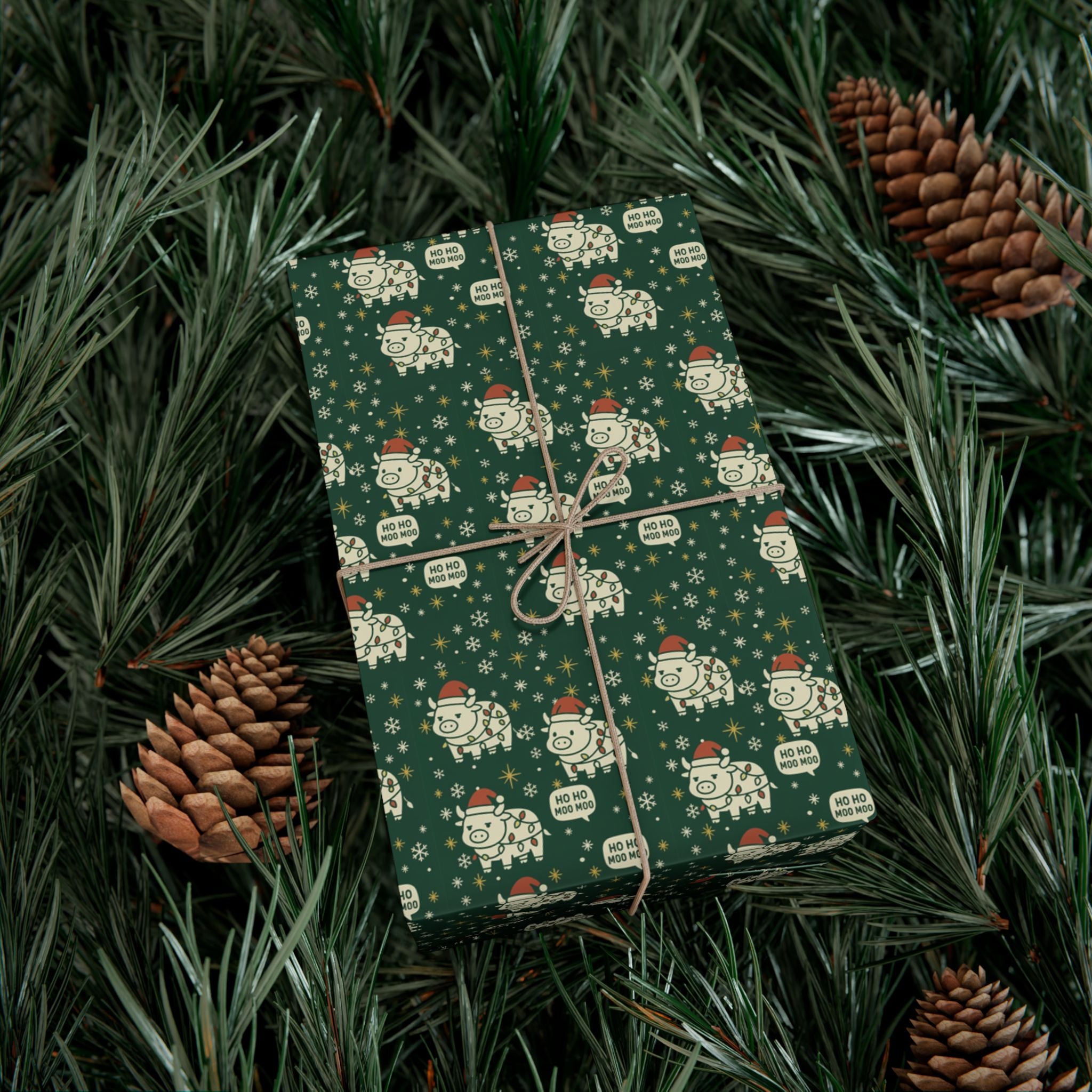 Christmas Cow Wrapping Paper - Cute Cows with Santa Hats and Lights, Farmhouse Holiday Gift Wrap, Country Christmas Packaging