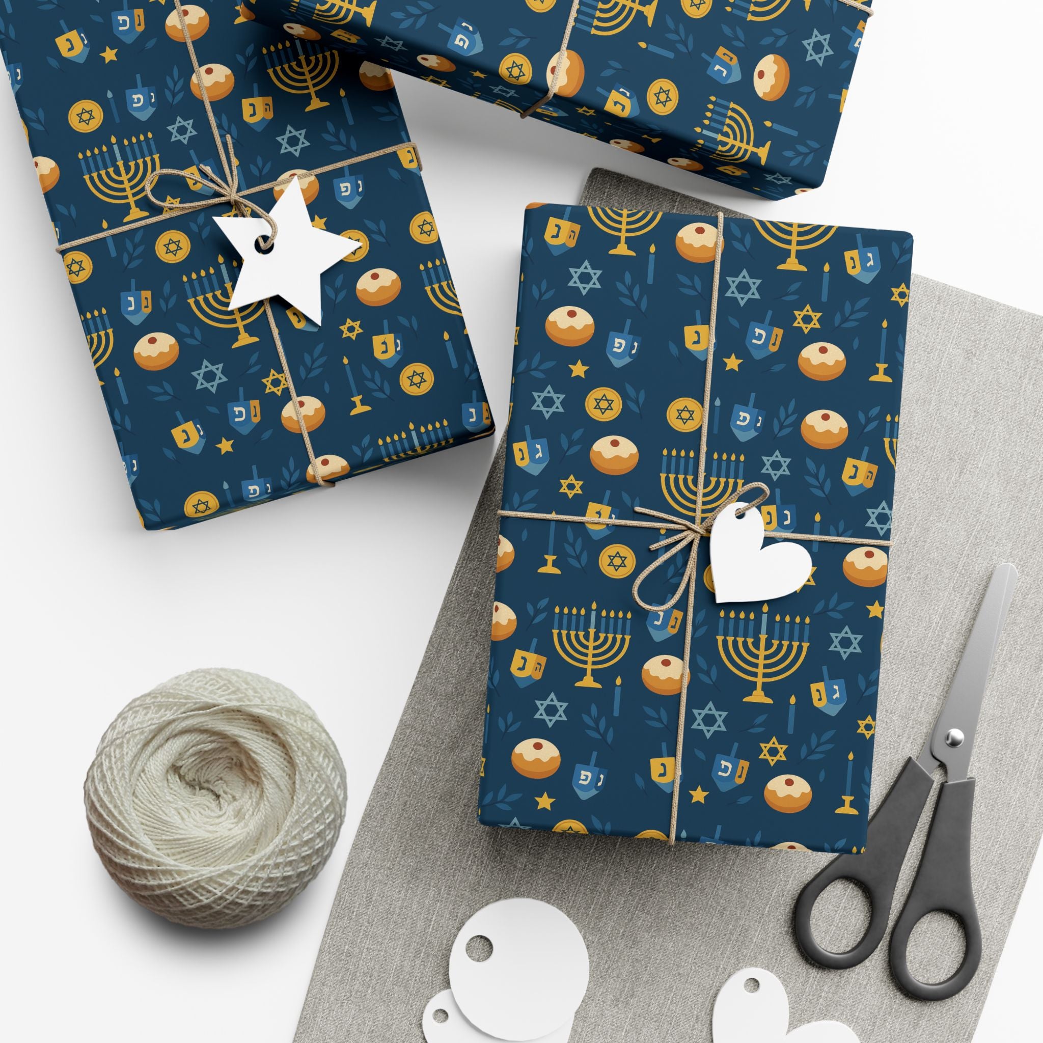 Hanukkah Wrapping Paper, Blue & Gold Hanukkah Gift Wrap, Menorah Dreidel Star of David Print, Jewish Holiday Gift Wrap Paper