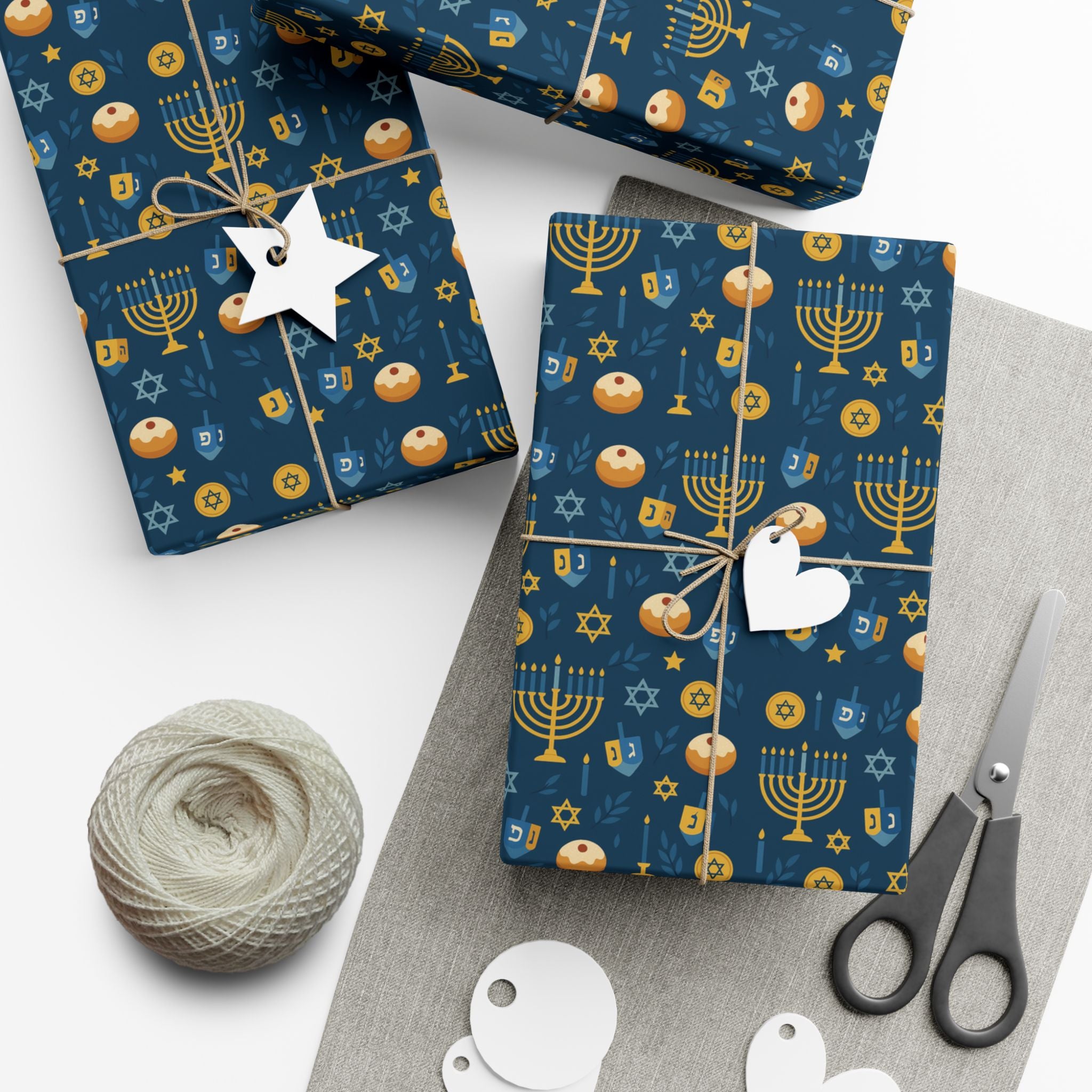 Hanukkah Wrapping Paper, Blue & Gold Hanukkah Gift Wrap, Menorah Dreidel Star of David Print, Jewish Holiday Gift Wrap Paper