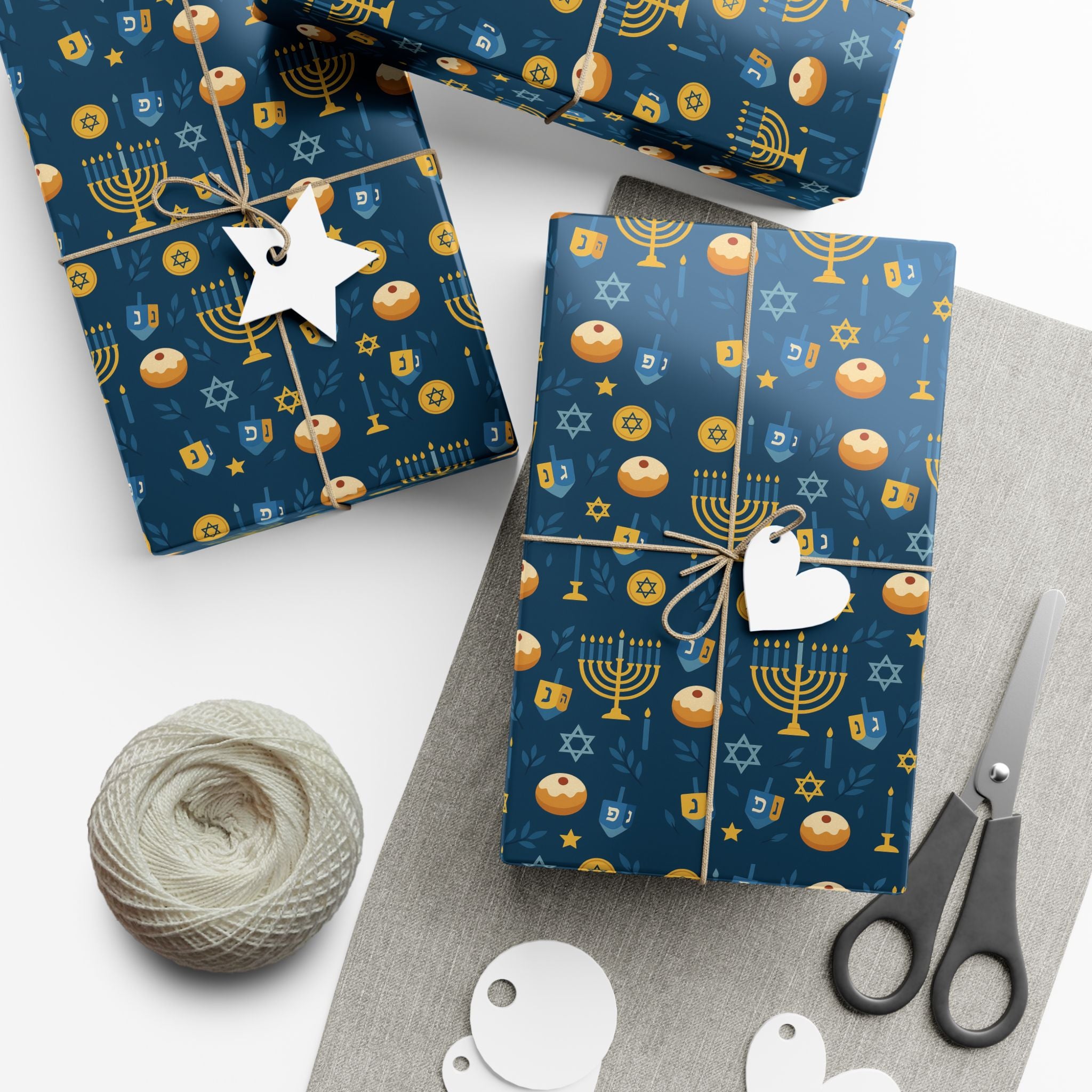 Hanukkah Wrapping Paper, Blue & Gold Hanukkah Gift Wrap, Menorah Dreidel Star of David Print, Jewish Holiday Gift Wrap Paper