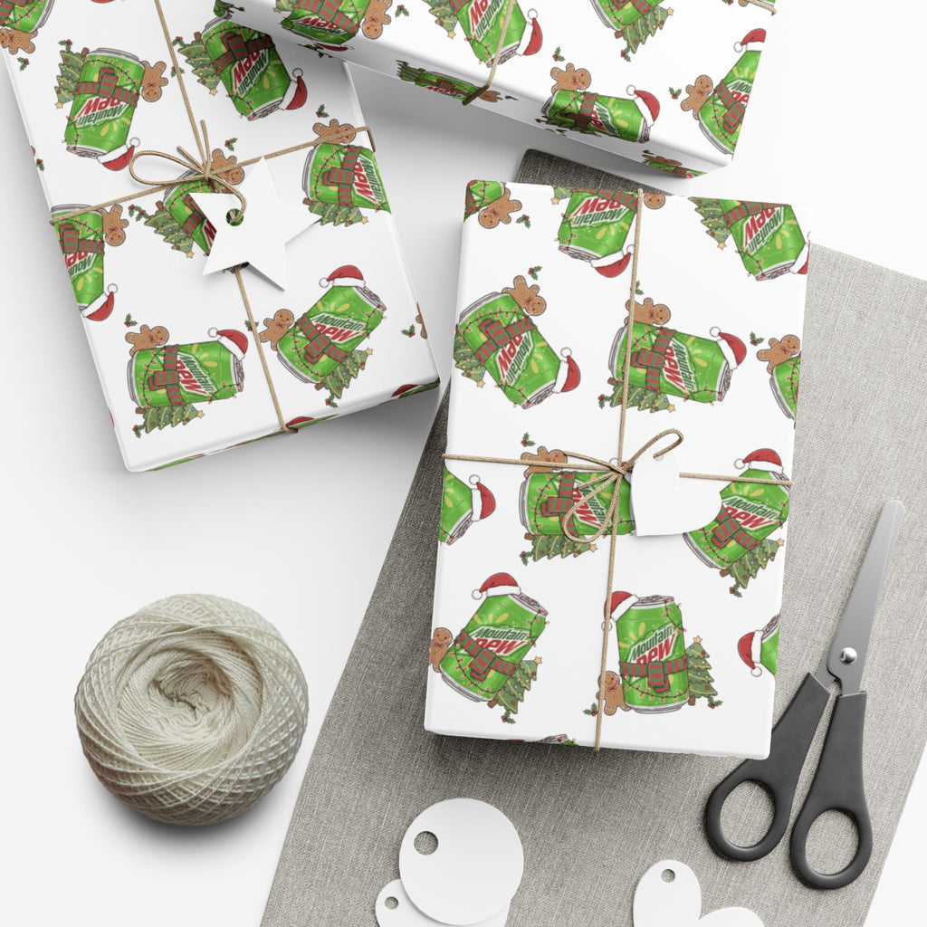Mountain Dew Christmas Wrapping Paper, Funny Cute Mountain Dew Soda Christmas Theme, Holiday Gift Wrap, Office Gag