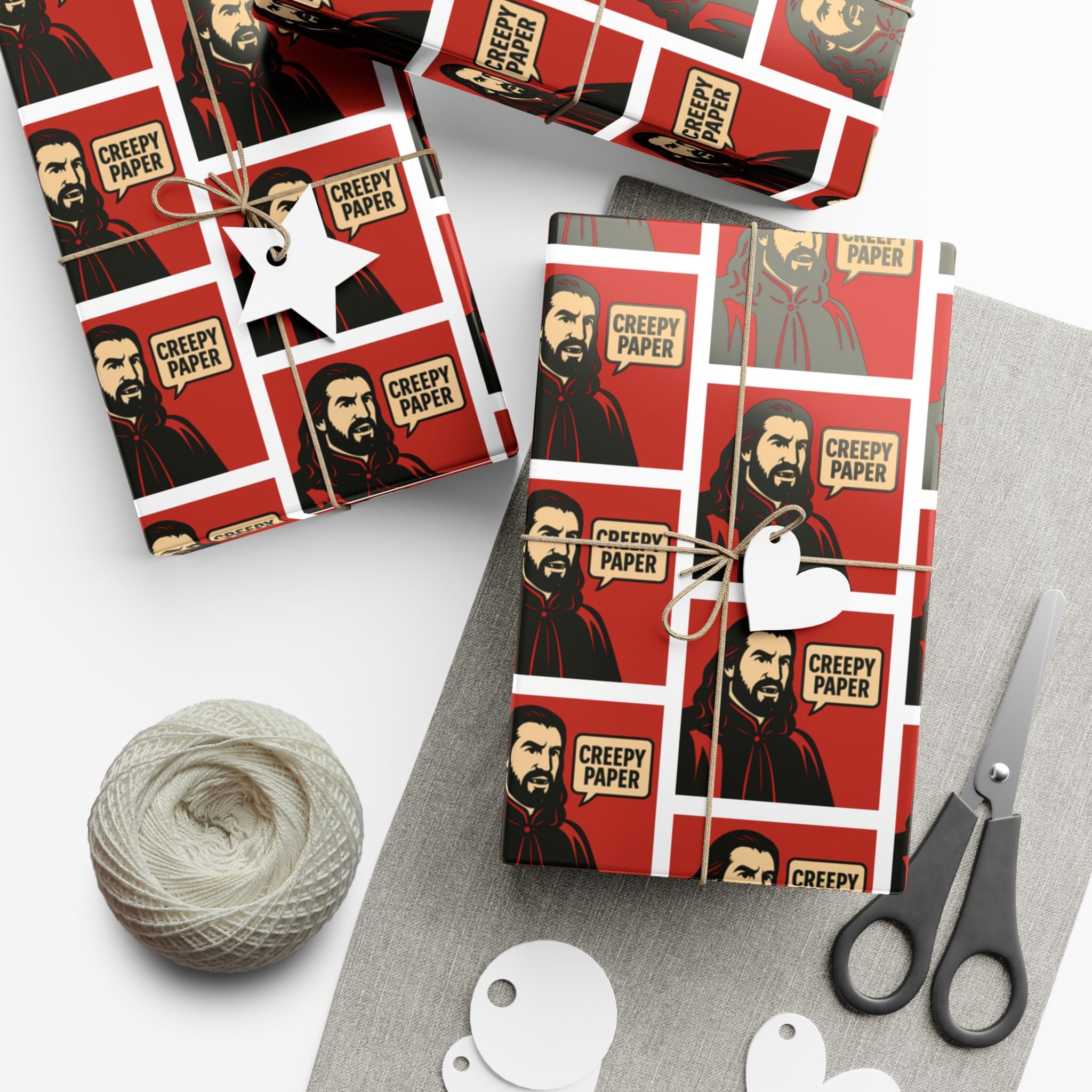 Red/White - Creepy Paper Wrapping Paper, Nandor from What we do in the Shadows Show, Gift Wrap for Fans, Halloween Decor, Unique Gift Wrap