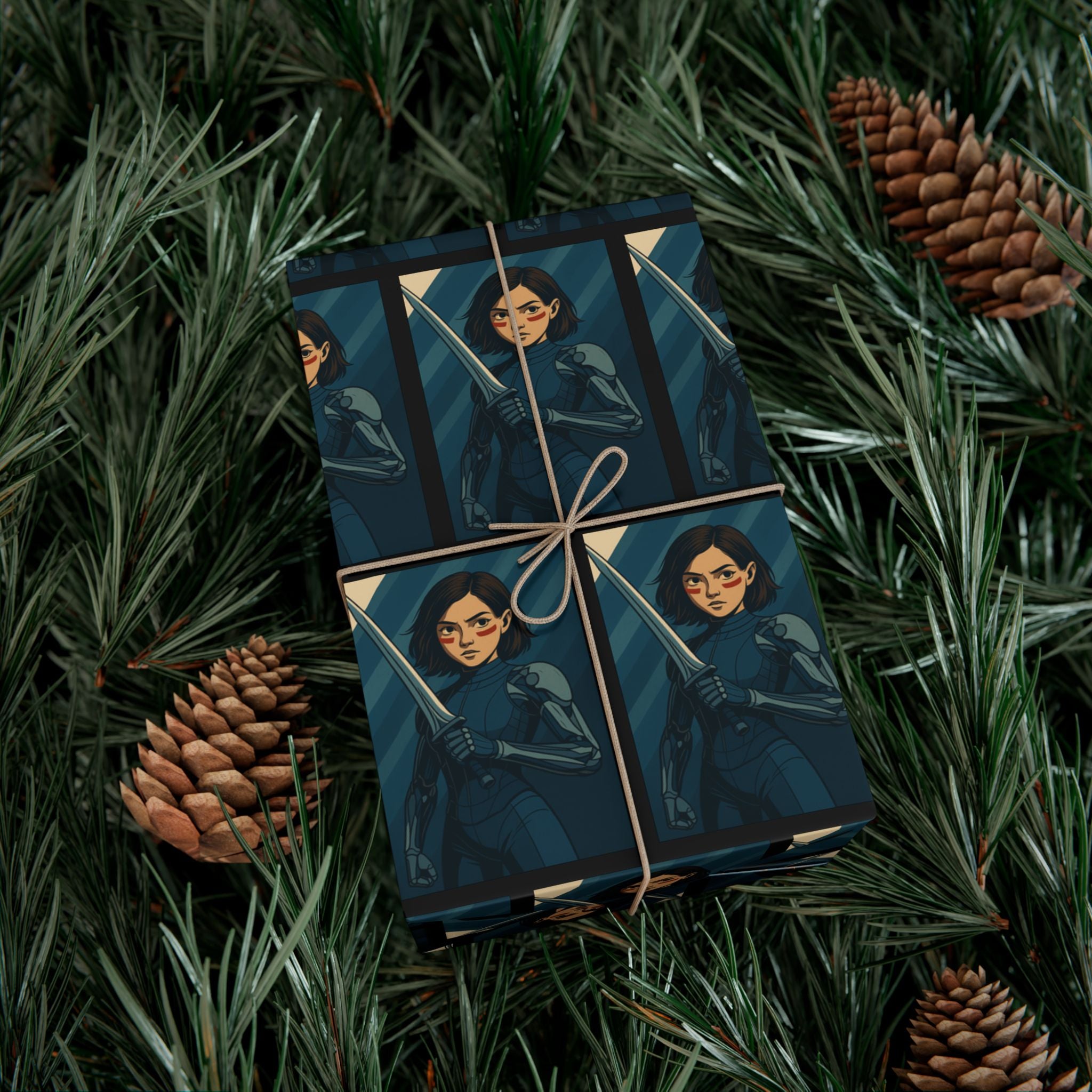 Alita Battle Angel Cyberpunk Anime Girl Wrapping Paper Futuristic Warrior Gift Wrap for Sci-Fi Fans, Manga Inspired Xmas Gift Wrap, Tech