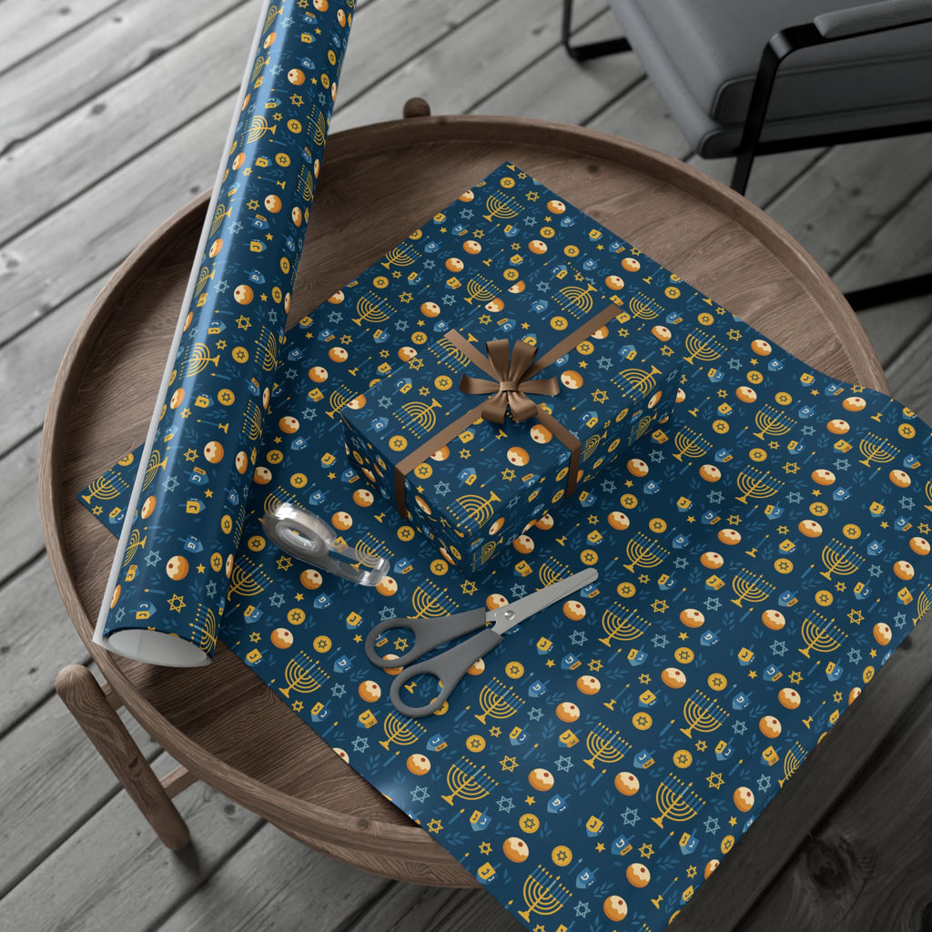 Hanukkah Wrapping Paper, Blue & Gold Hanukkah Gift Wrap, Menorah Dreidel Star of David Print, Jewish Holiday Gift Wrap Paper
