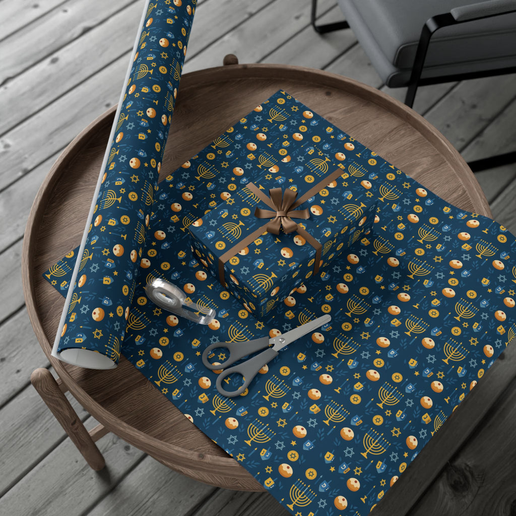 Hanukkah Wrapping Paper, Blue & Gold Hanukkah Gift Wrap, Menorah Dreidel Star of David Print, Jewish Holiday Gift Wrap Paper